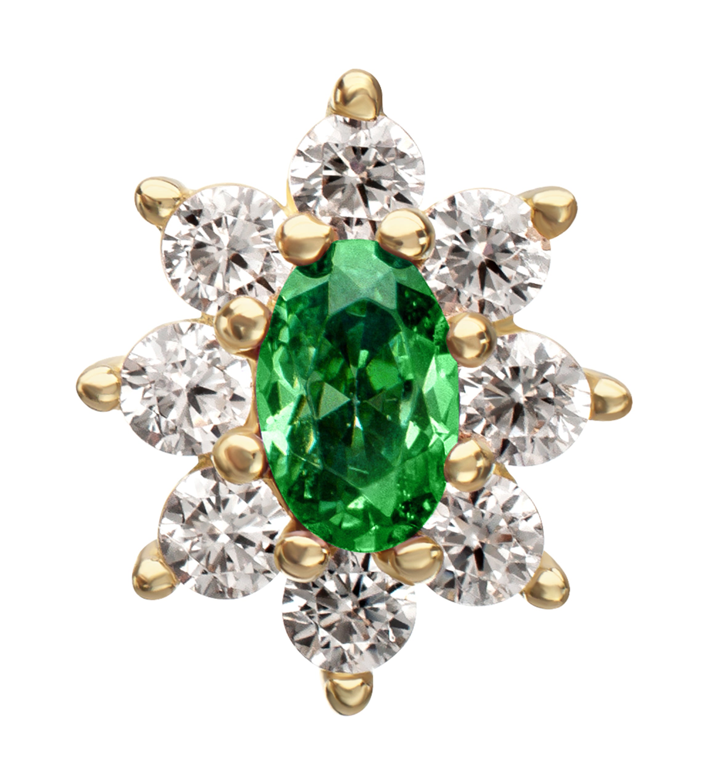 14kt Gold Oval Flower Emerald CZ Threadless Top