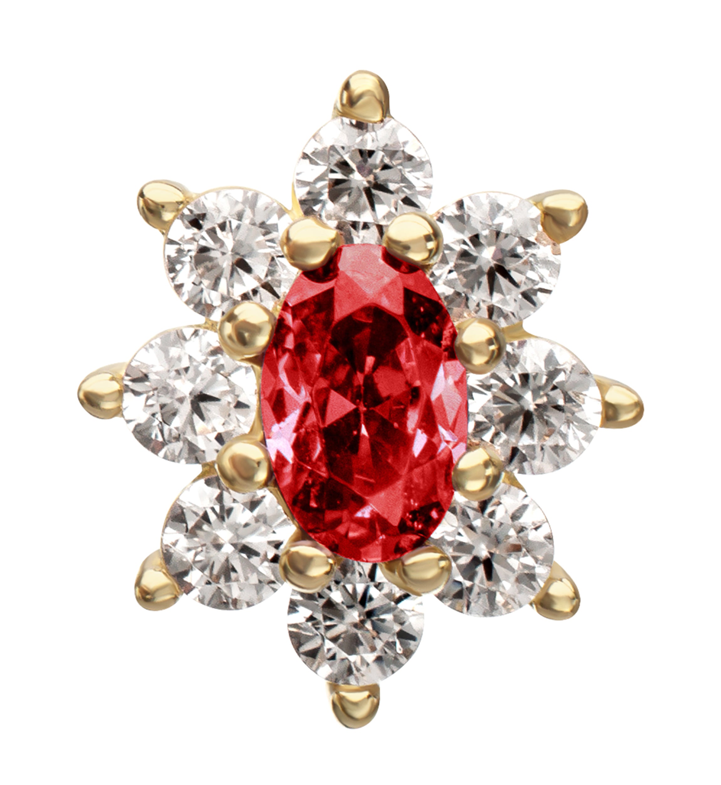 14kt Gold Oval Flower Garnet CZ Threadless Top