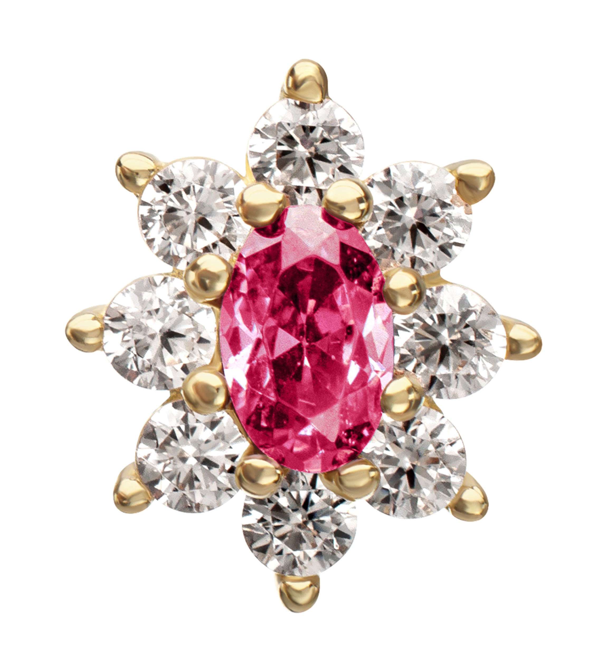 14kt Gold Oval Flower Pink CZ Threadless Top