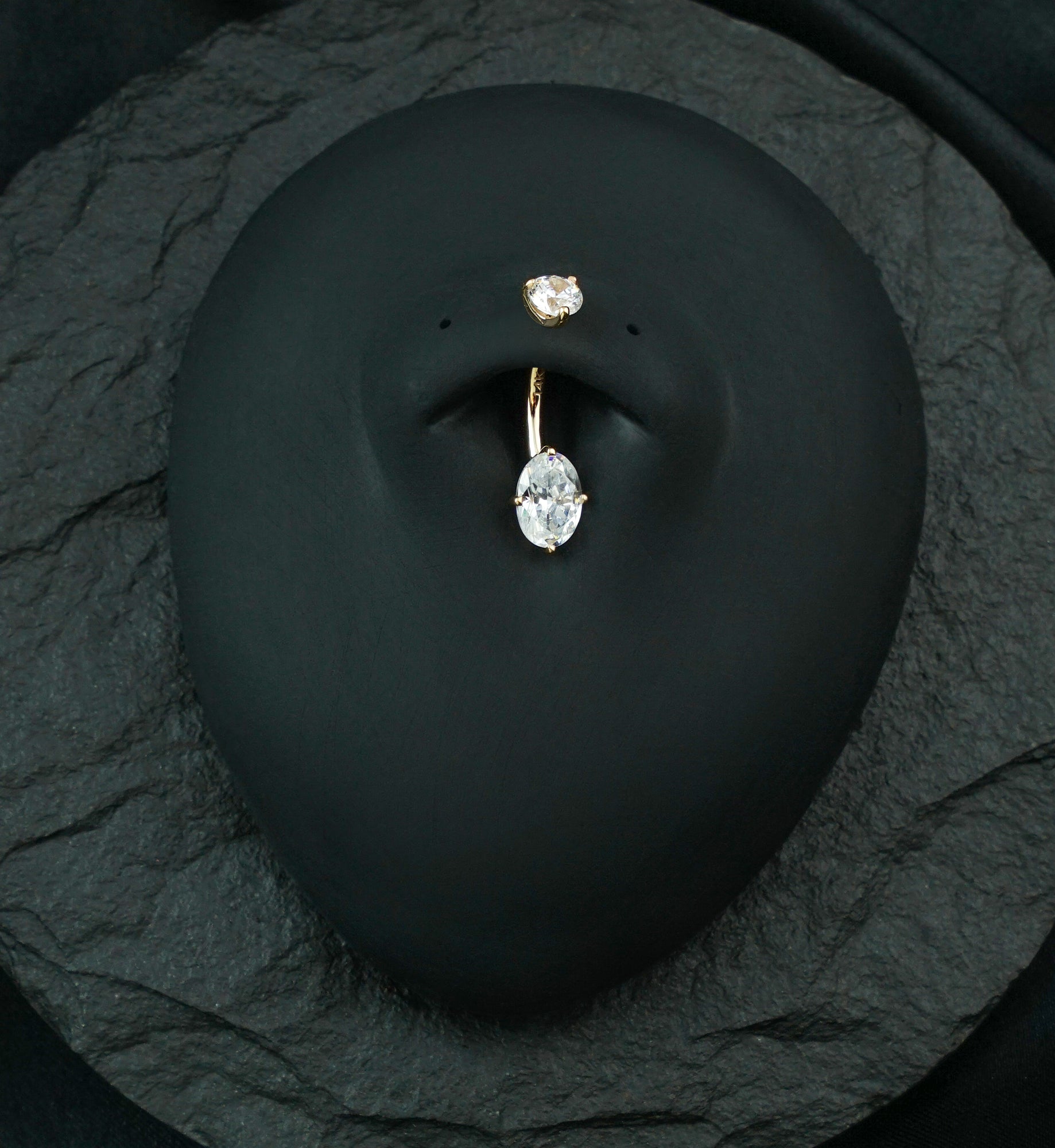 14kt Gold Prong Oval Clear CZ Belly Button Ring