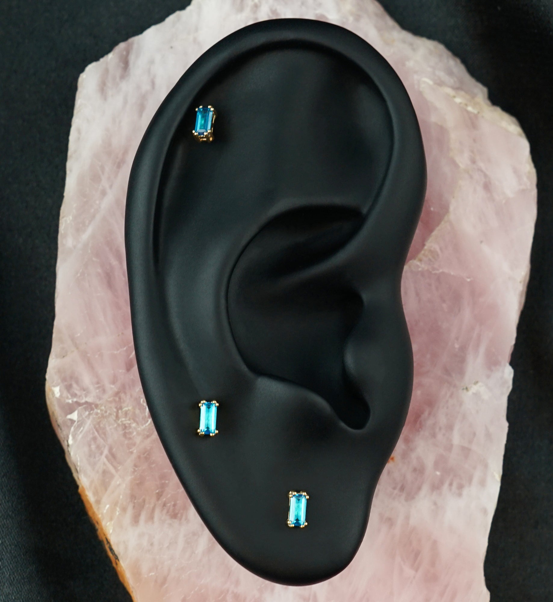 14kt Gold Rectangle Blue Topaz CZ Threadless Top