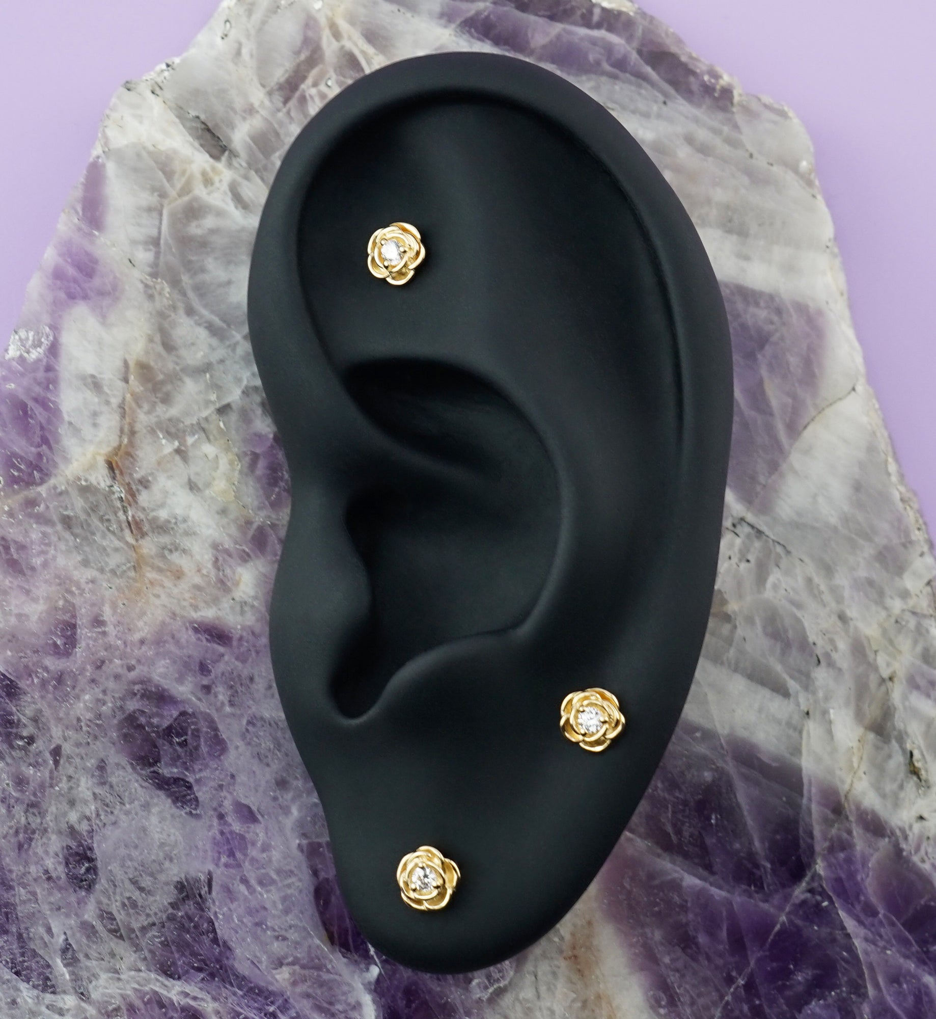 14kt Gold Rose Clear CZ Threadless Top