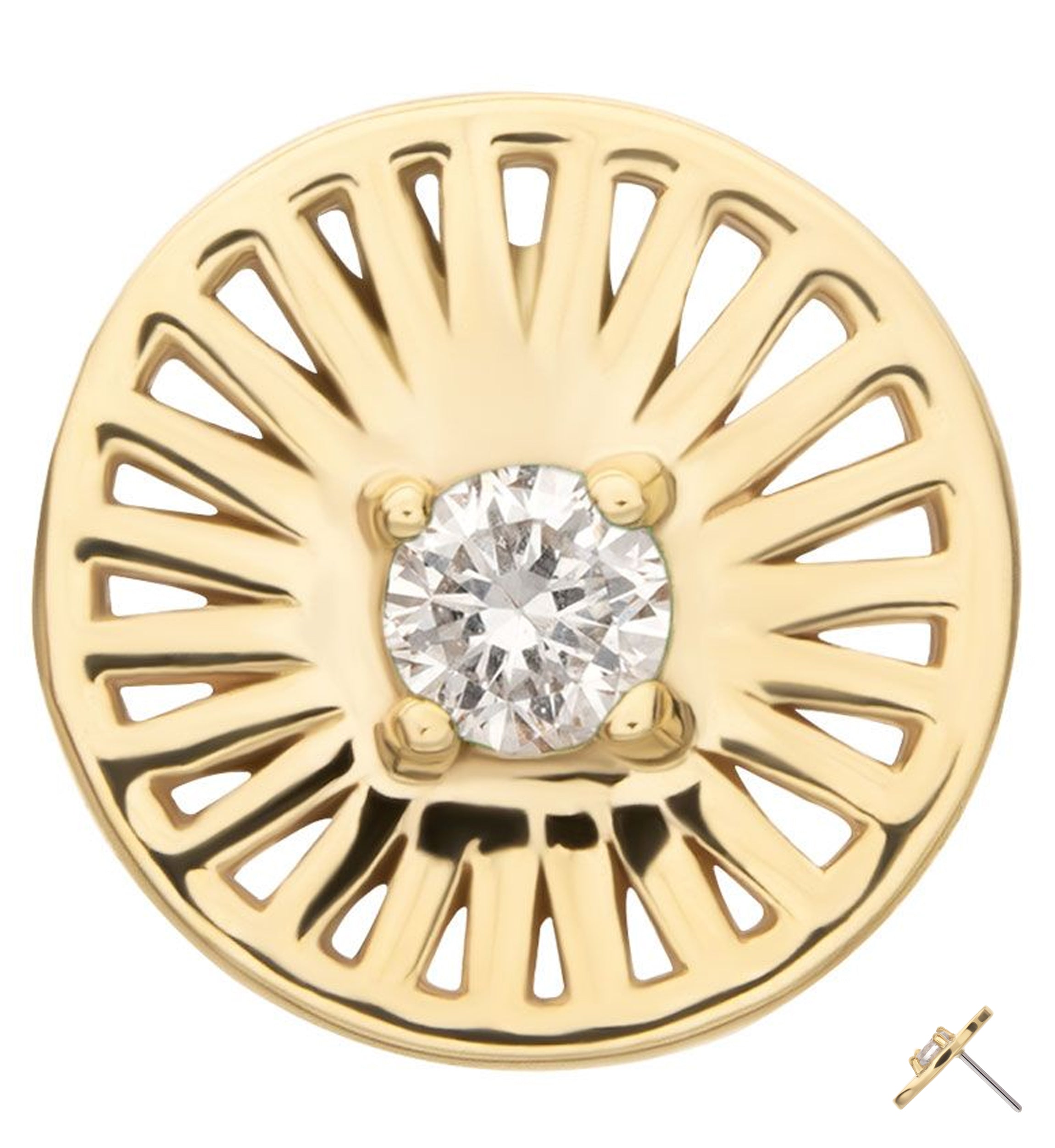 14kt Gold Round Burst Clear CZ Threadless Top