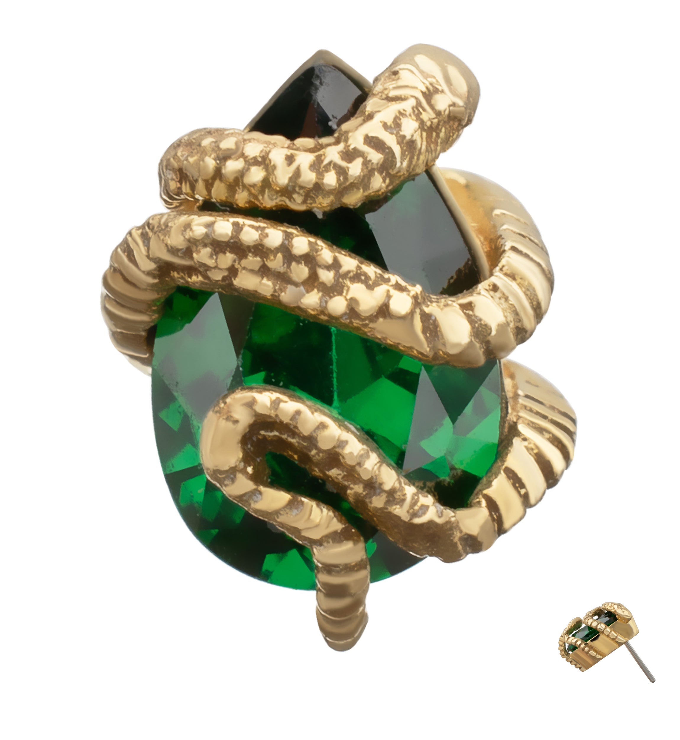 14kt Gold Snake Wrapped Teardrop Emerald CZ Threadless Top