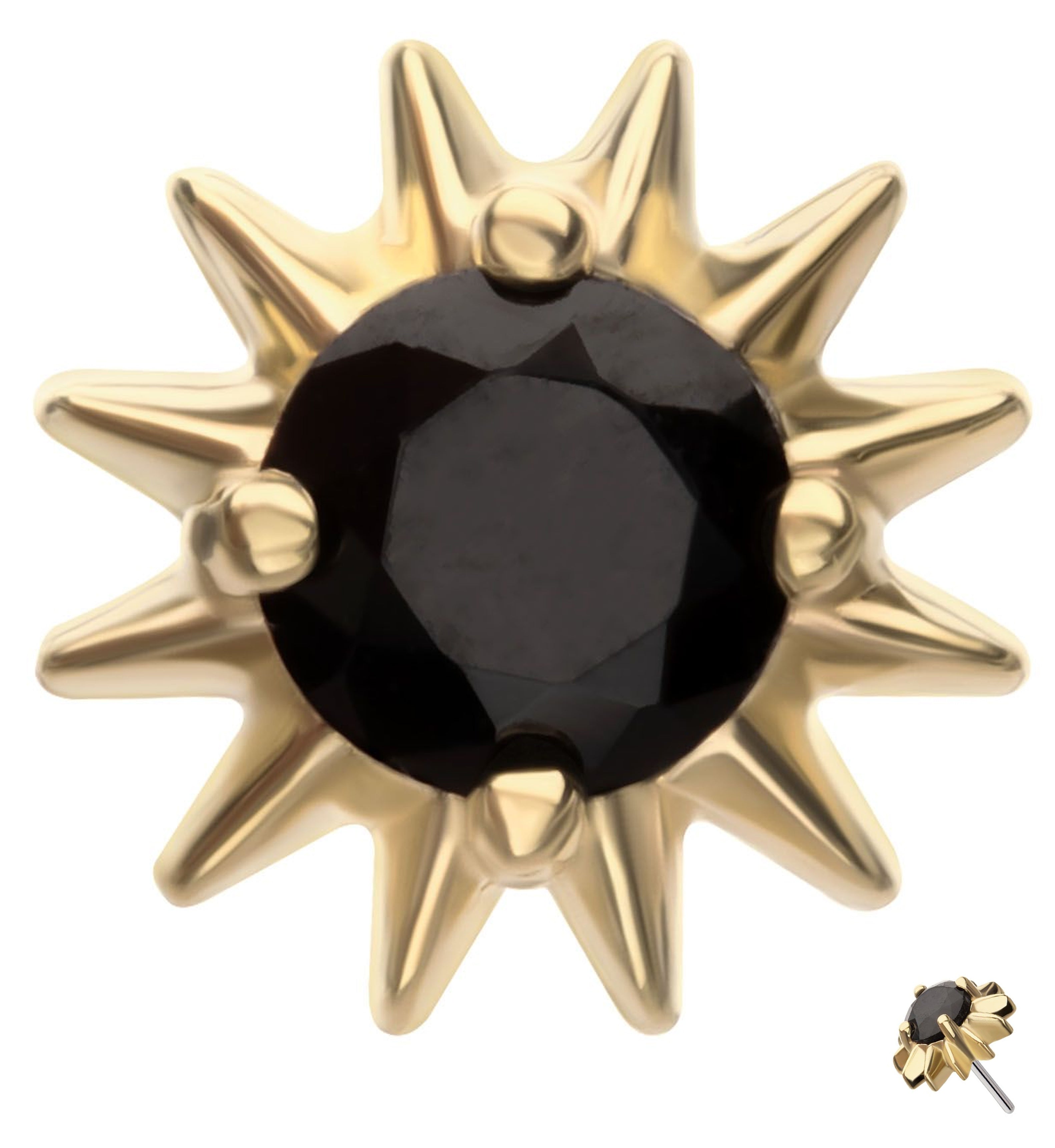14kt Gold Spiked Black Sun CZ Threadless Top