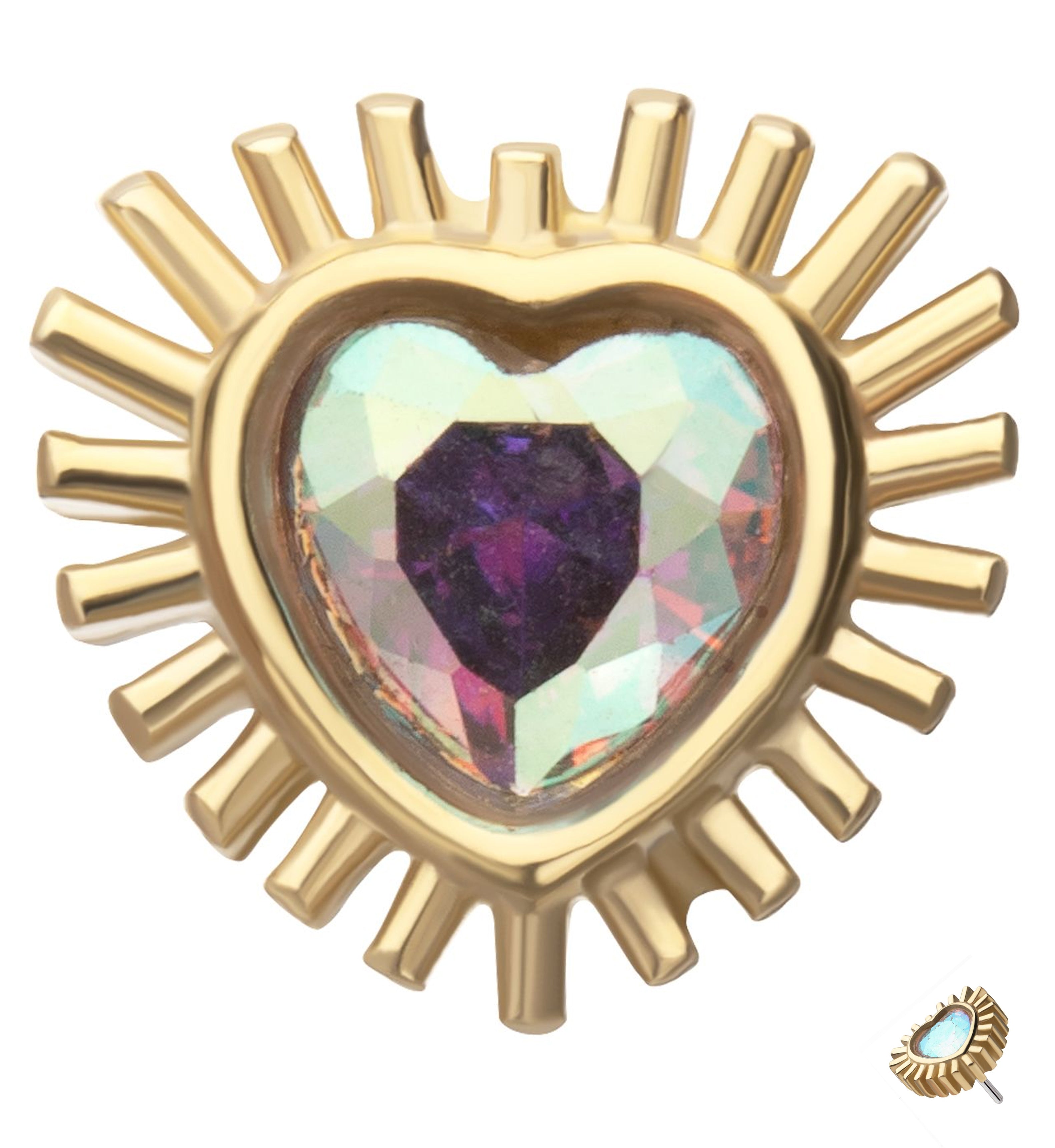 14kt Gold Spiked Heart Rainbow Aurora CZ Threadless Top