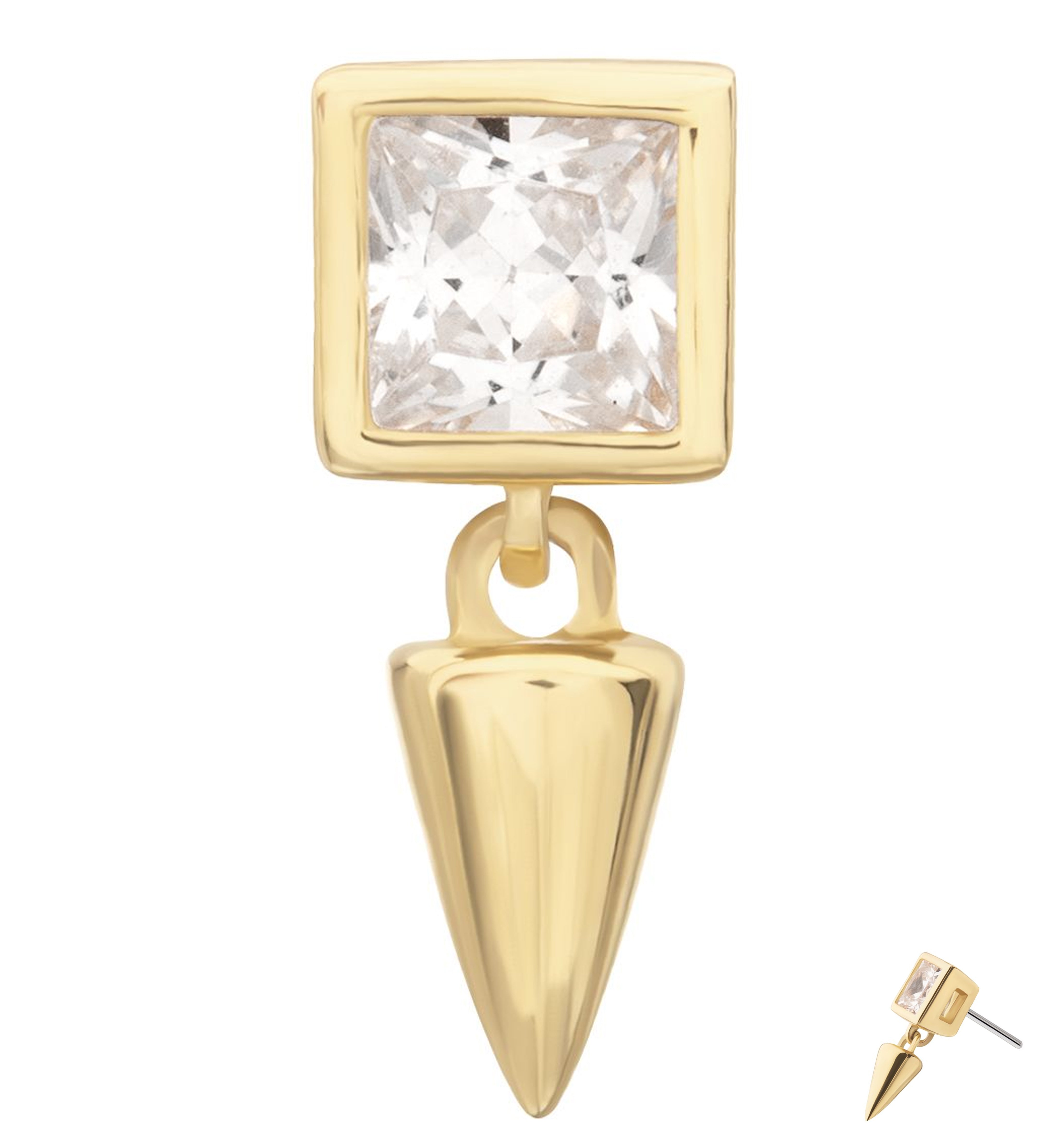 14kt Gold Square Clear CZ Dangle Cone Threadless Top