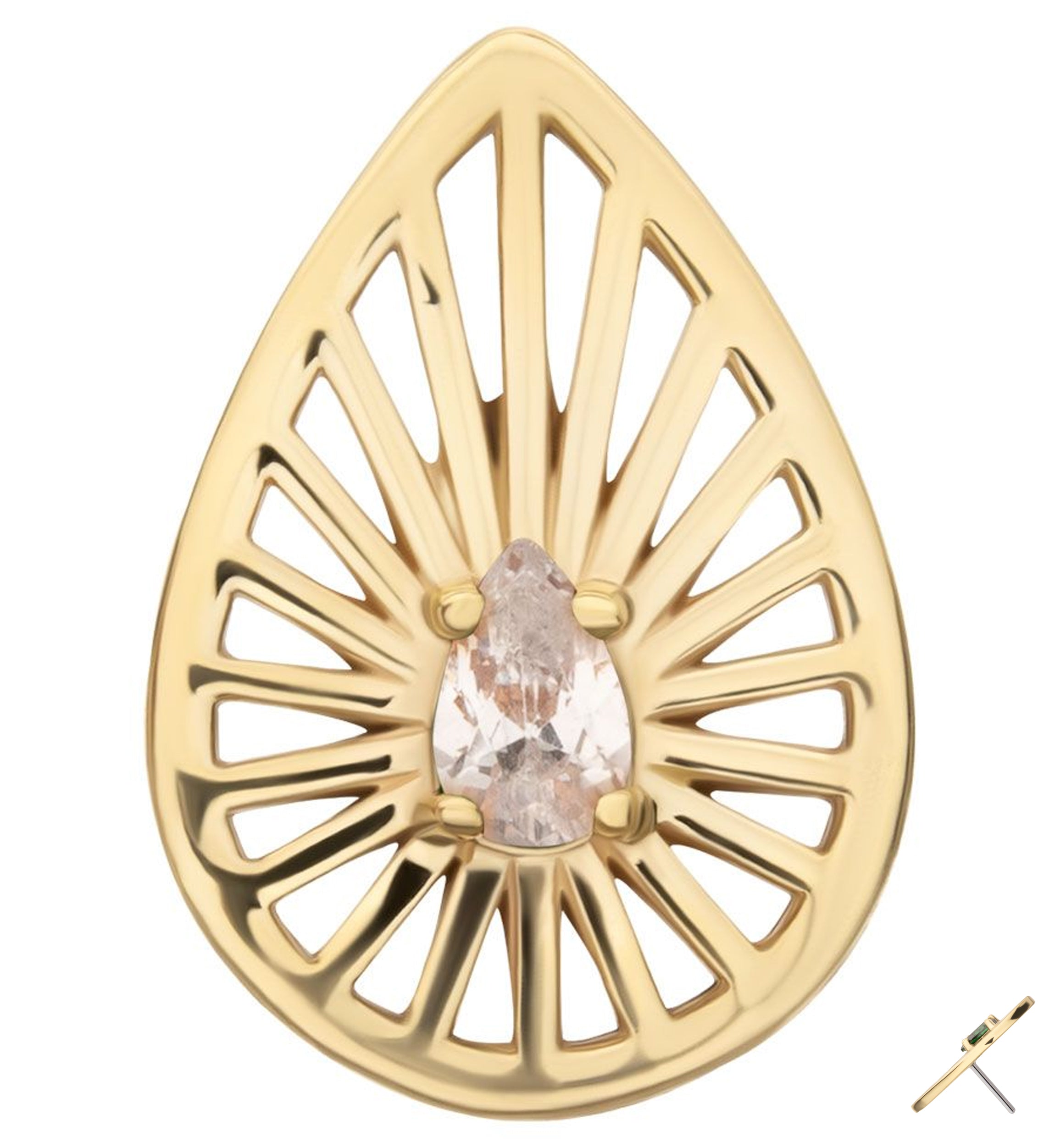 14kt Gold Teardrop Burst Clear CZ Threadless Top