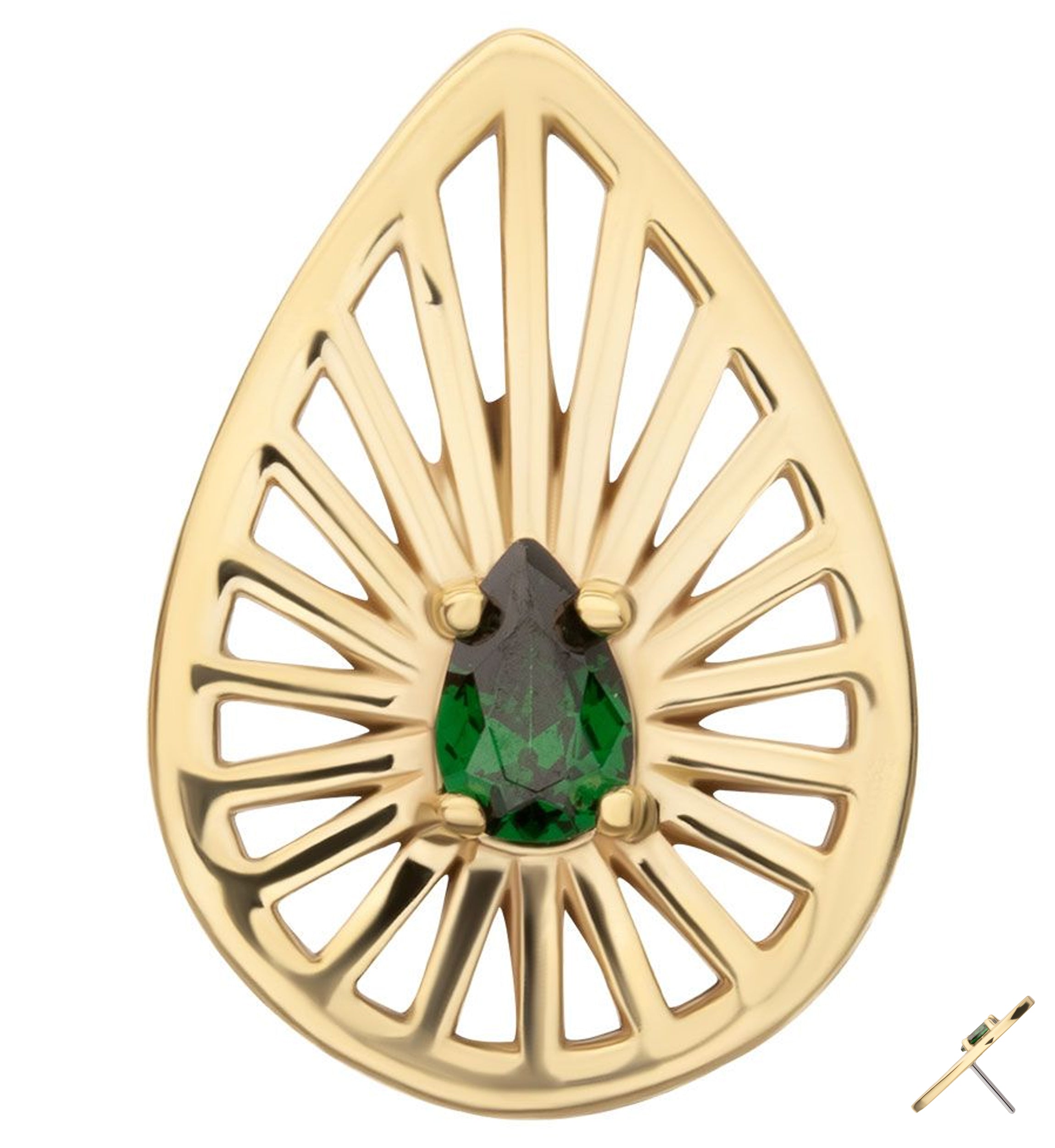 14kt Gold Teardrop Burst Emerald CZ Threadless Top