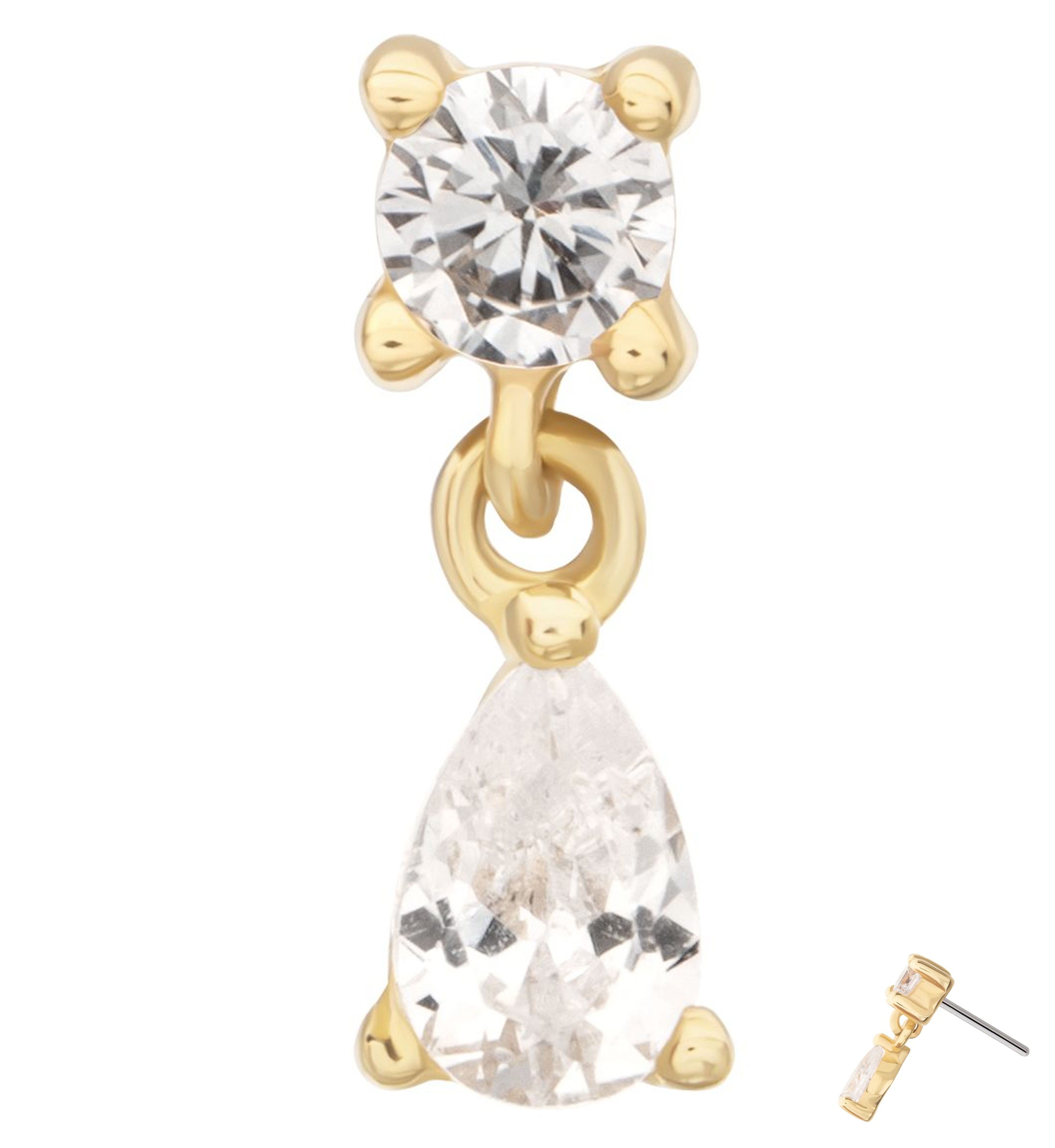 14kt Gold Teardrop Dangle Clear CZ Threadless Top