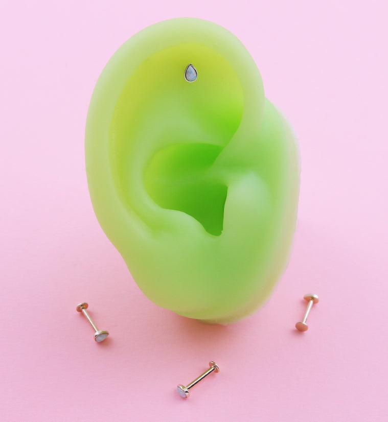 14kt Gold Teardrop White Opalite Threadless Labret