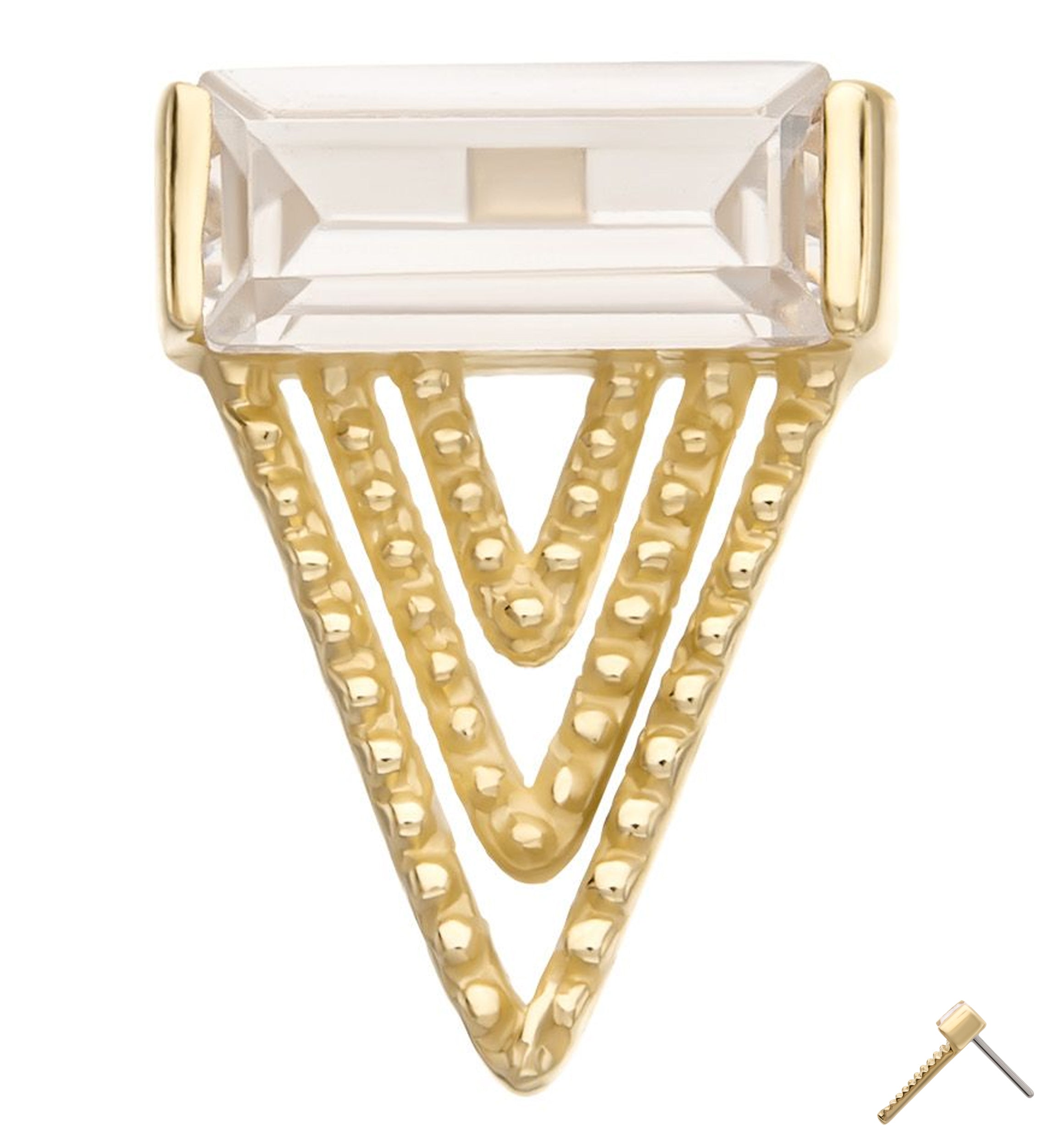 14kt Gold Tri-Layered Point Baguette CZ Threadless Top