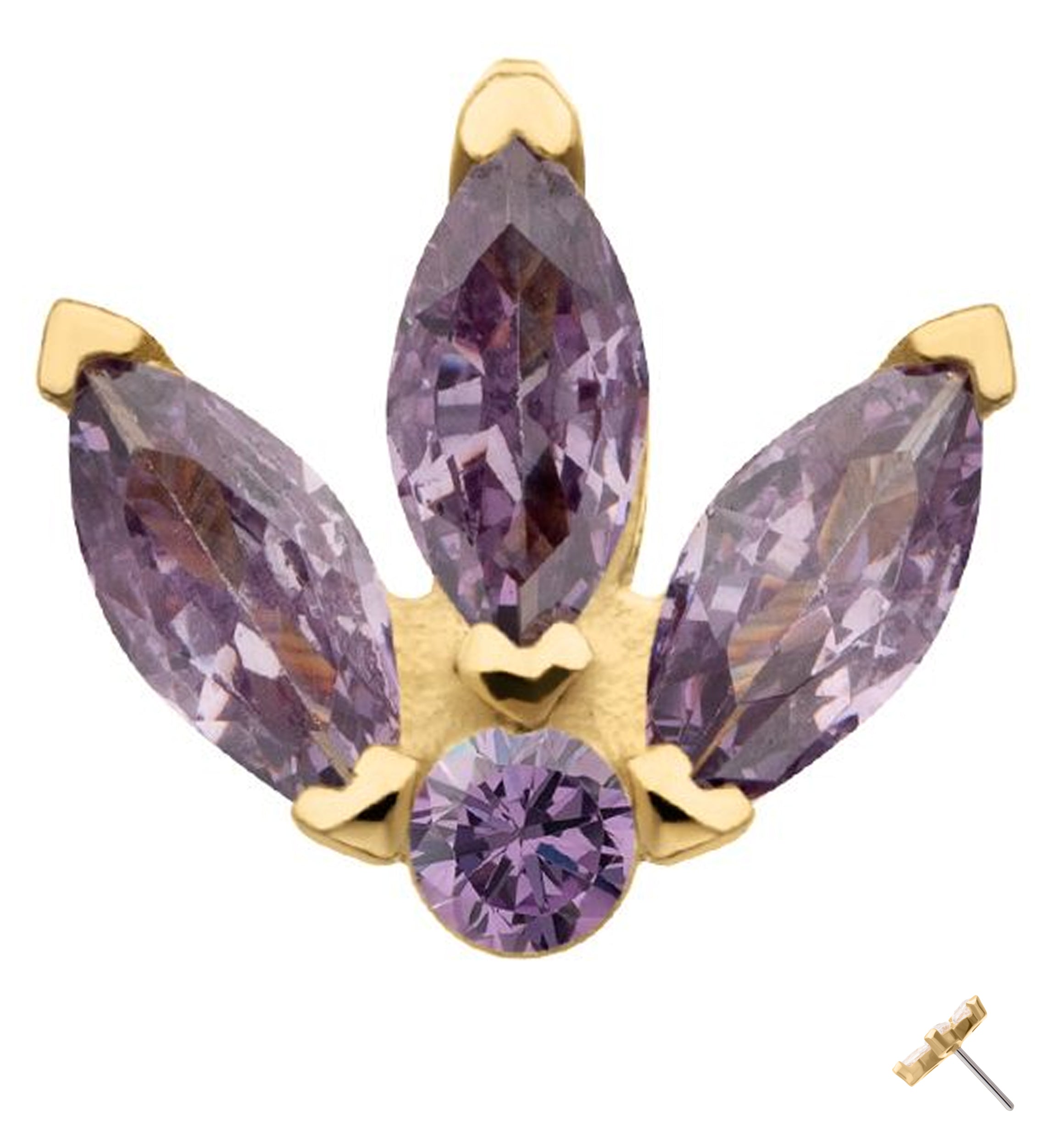 14kt Gold Tri Sepal Amethyst CZ Threadless Top