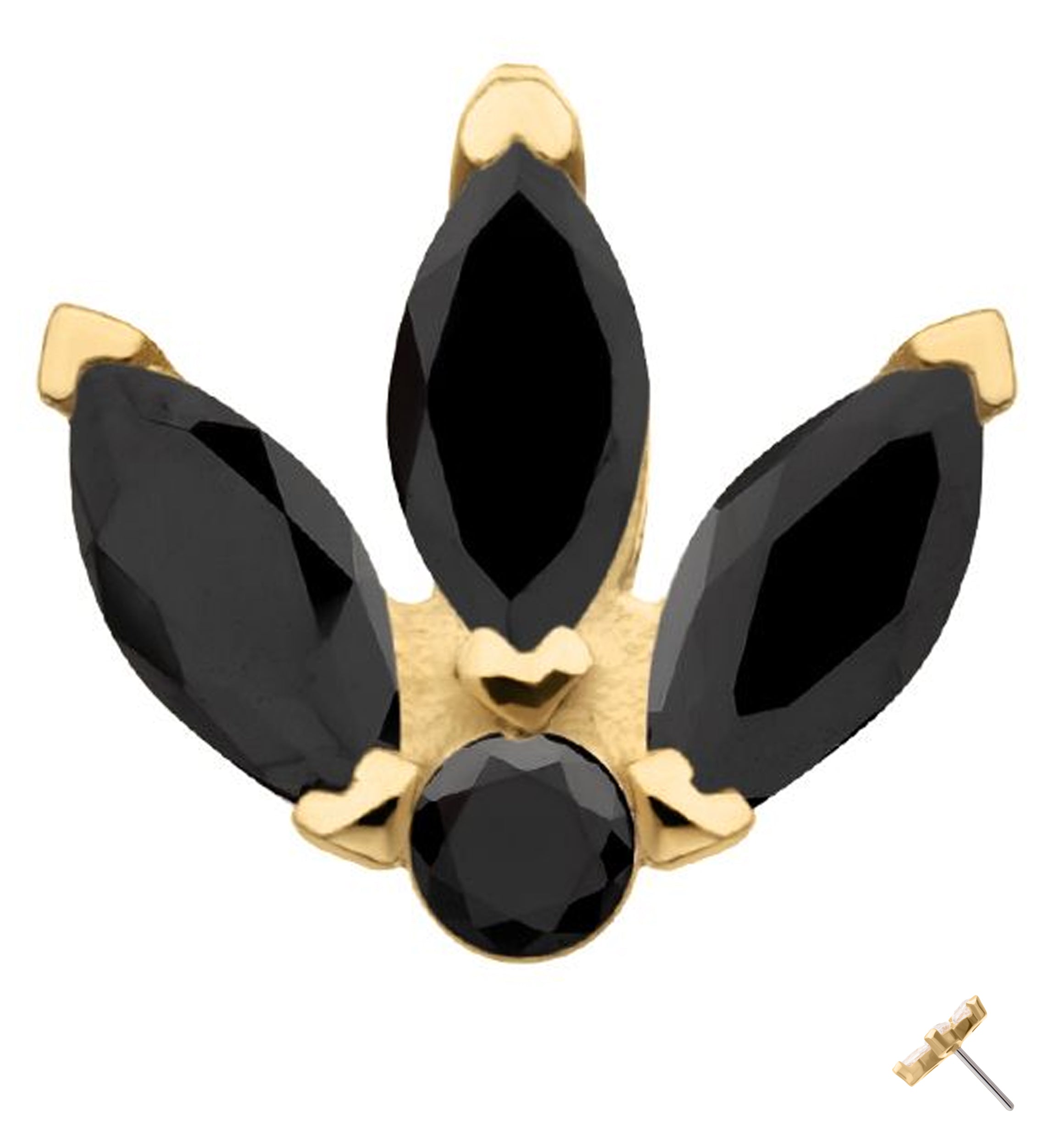14kt Gold Tri Sepal Black CZ Threadless Top