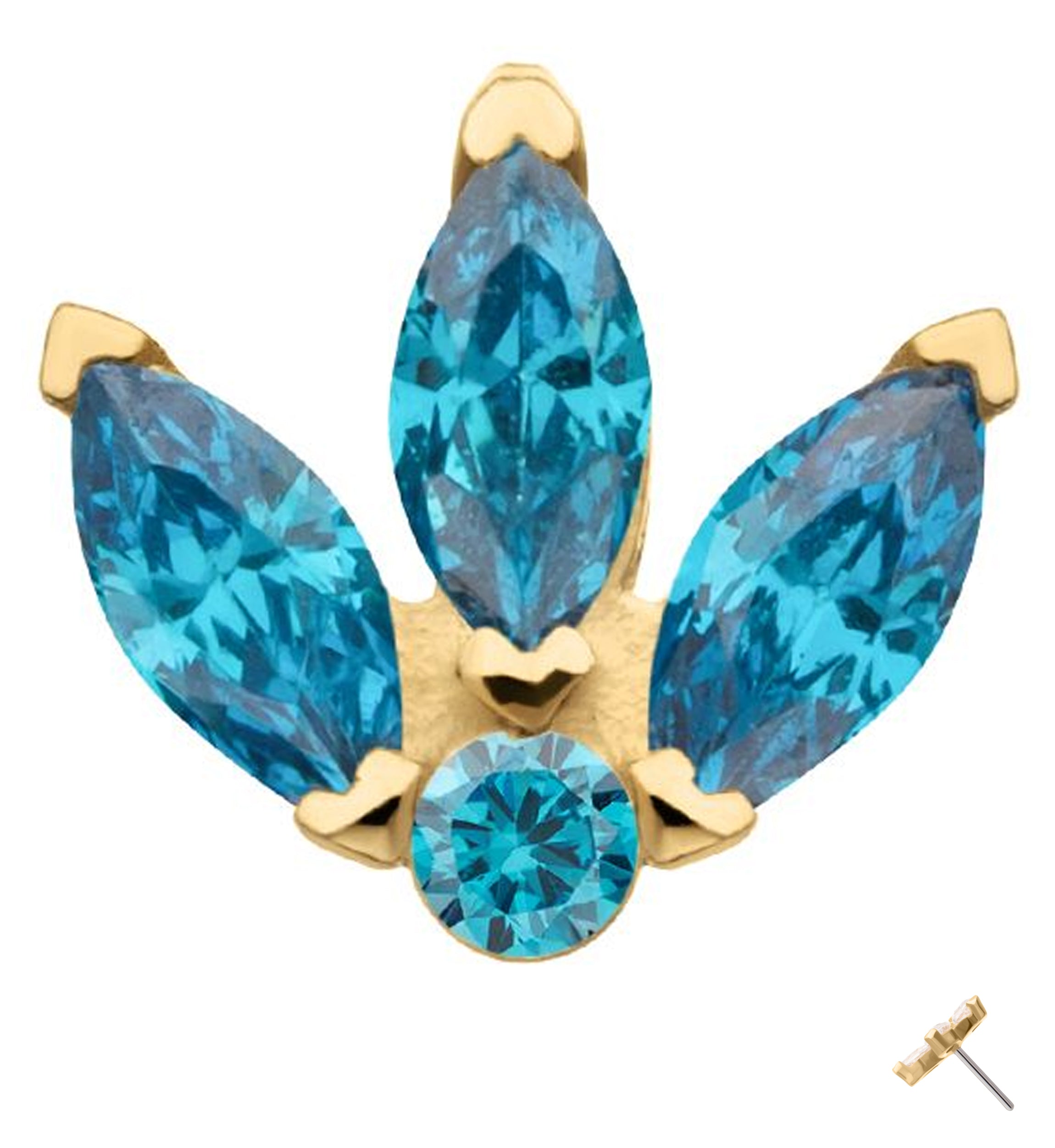 14kt Gold Tri Sepal Blue Topaz CZ Threadless Top
