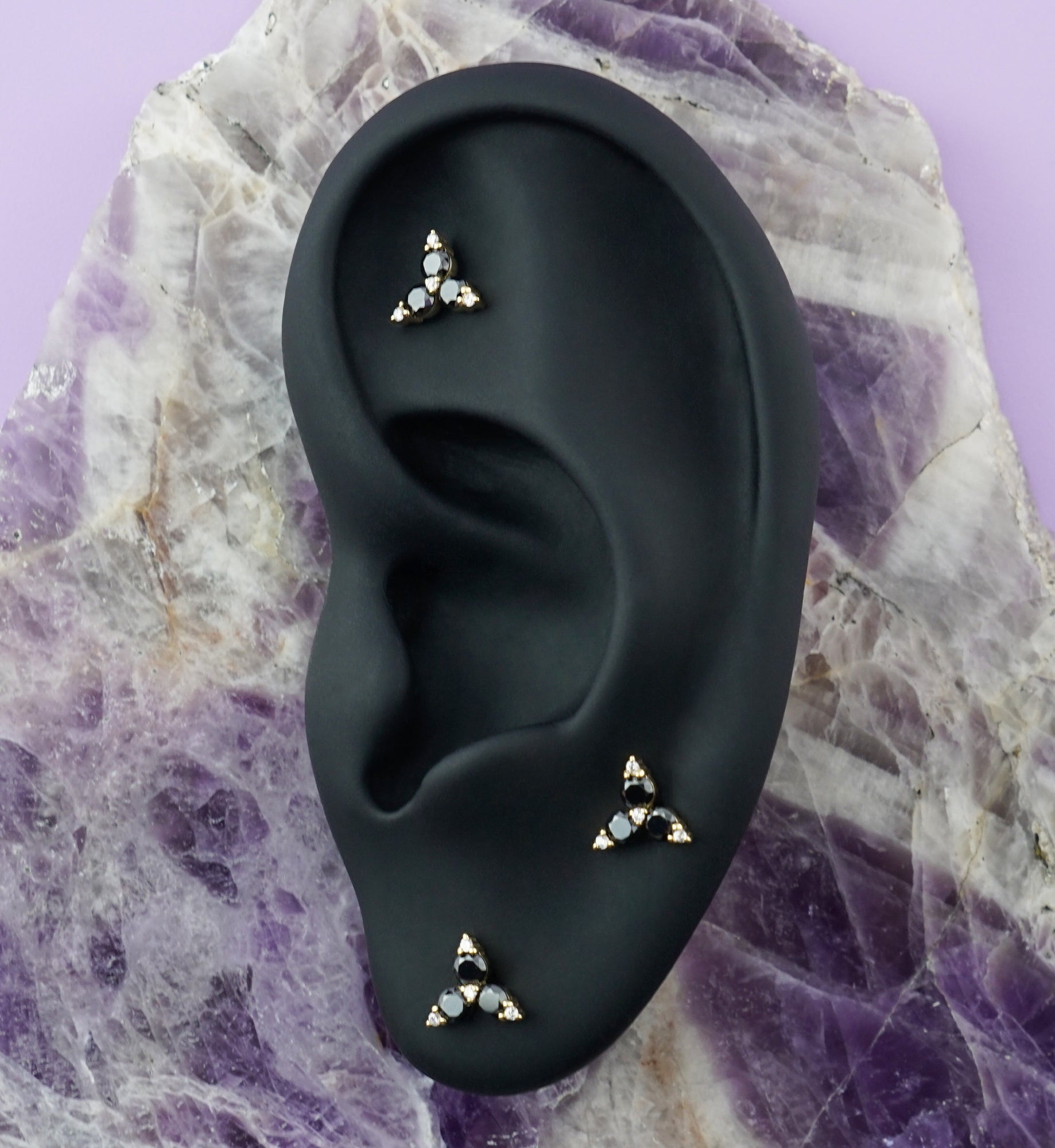 14kt Gold Triad Black CZ Threadless Top
