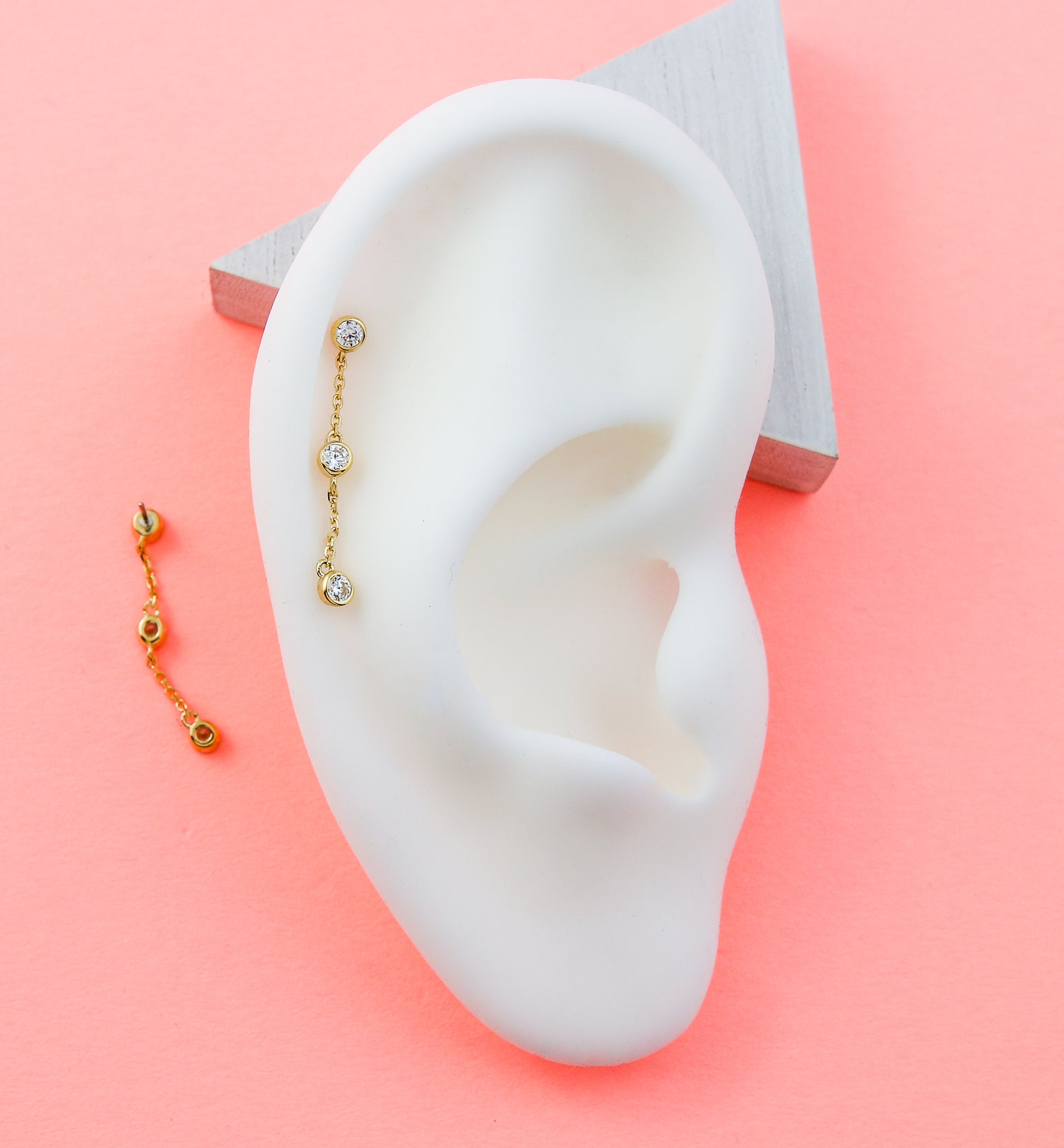 14kt Gold Triple Bezel Clear CZ Dangle Chain Threadless Top