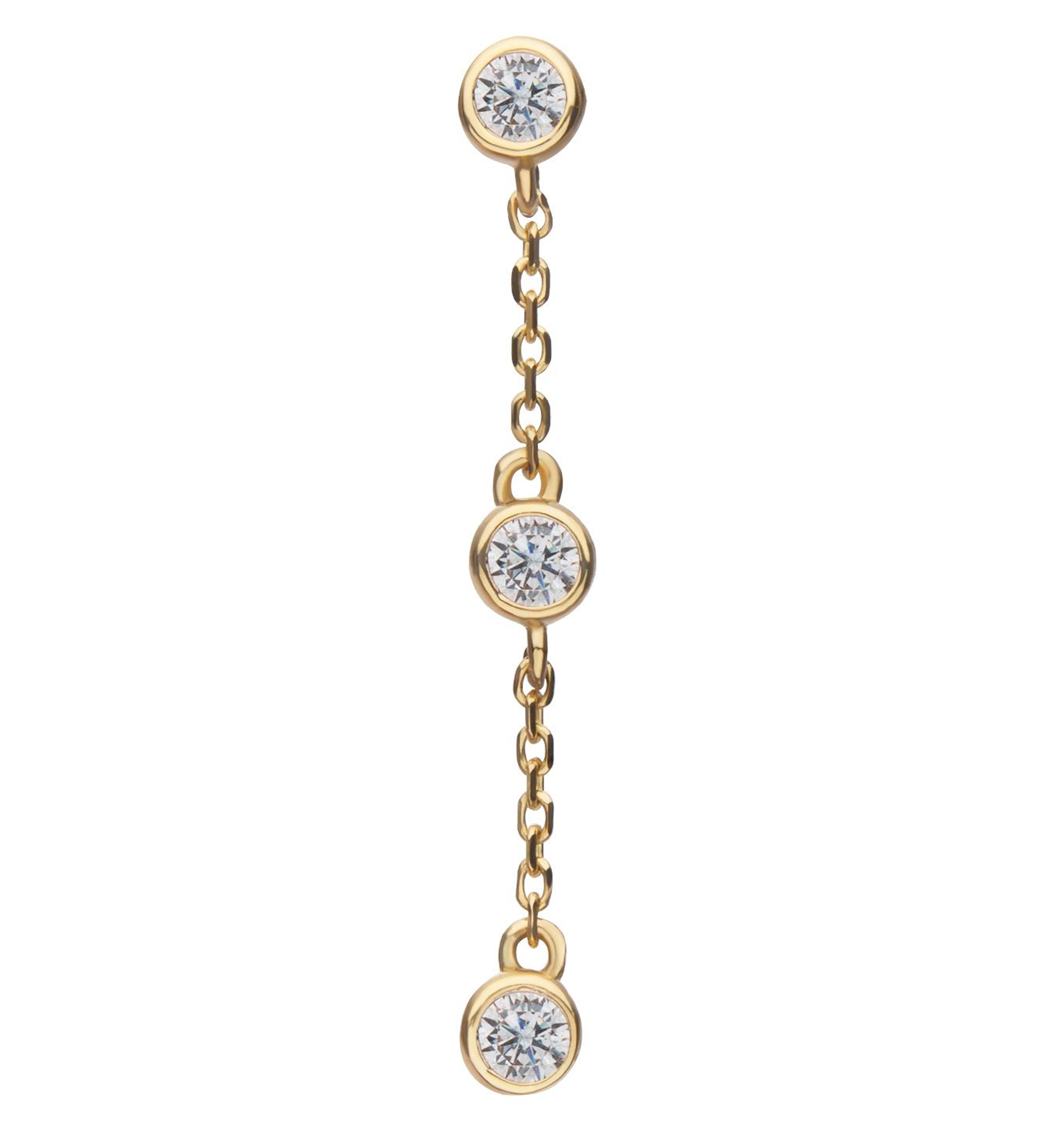 14kt Gold Triple Bezel Clear CZ Dangle Chain Threadless Top