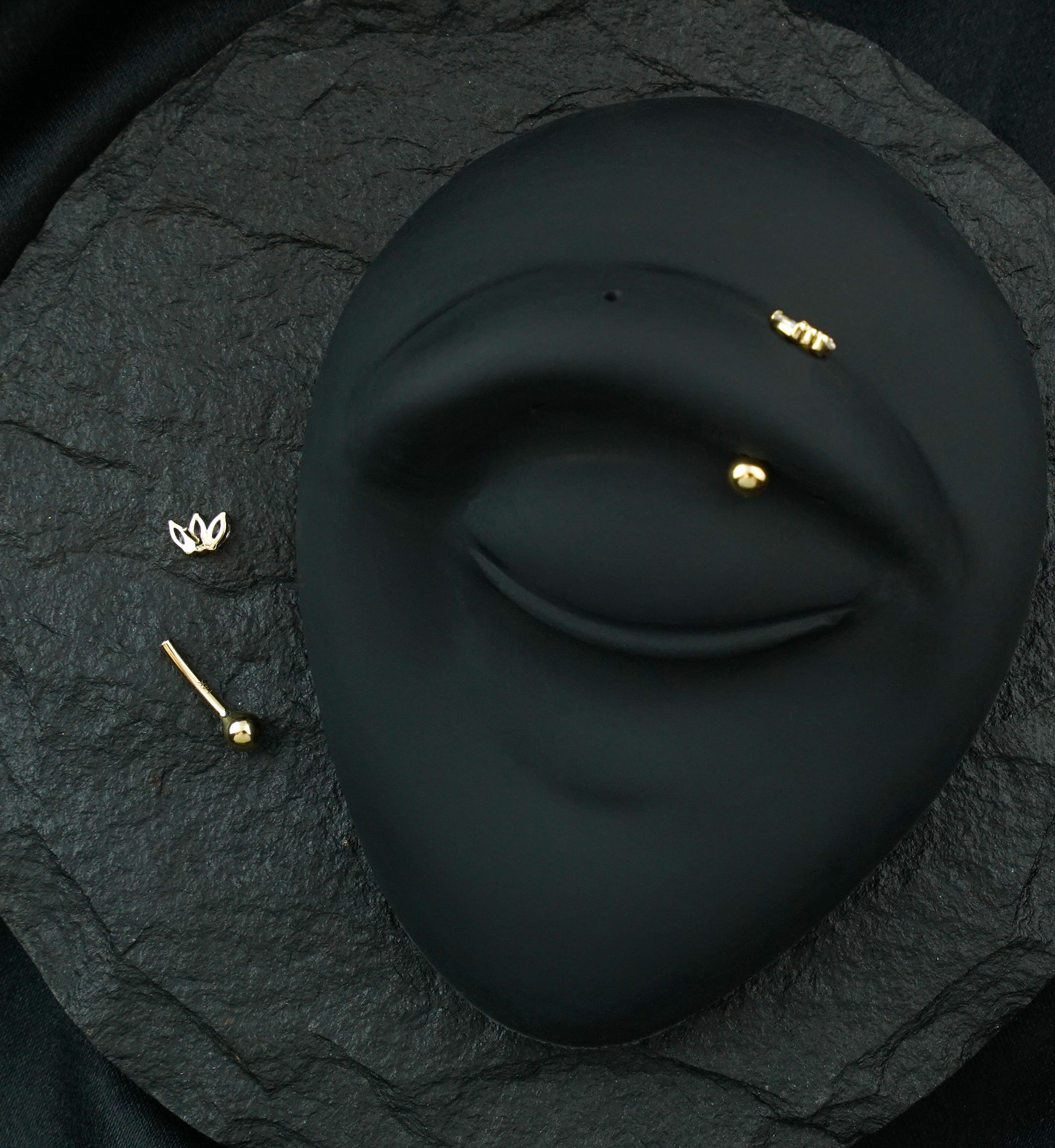 14kt Gold Triple Marquise Clear CZ Threadless Curved Barbell