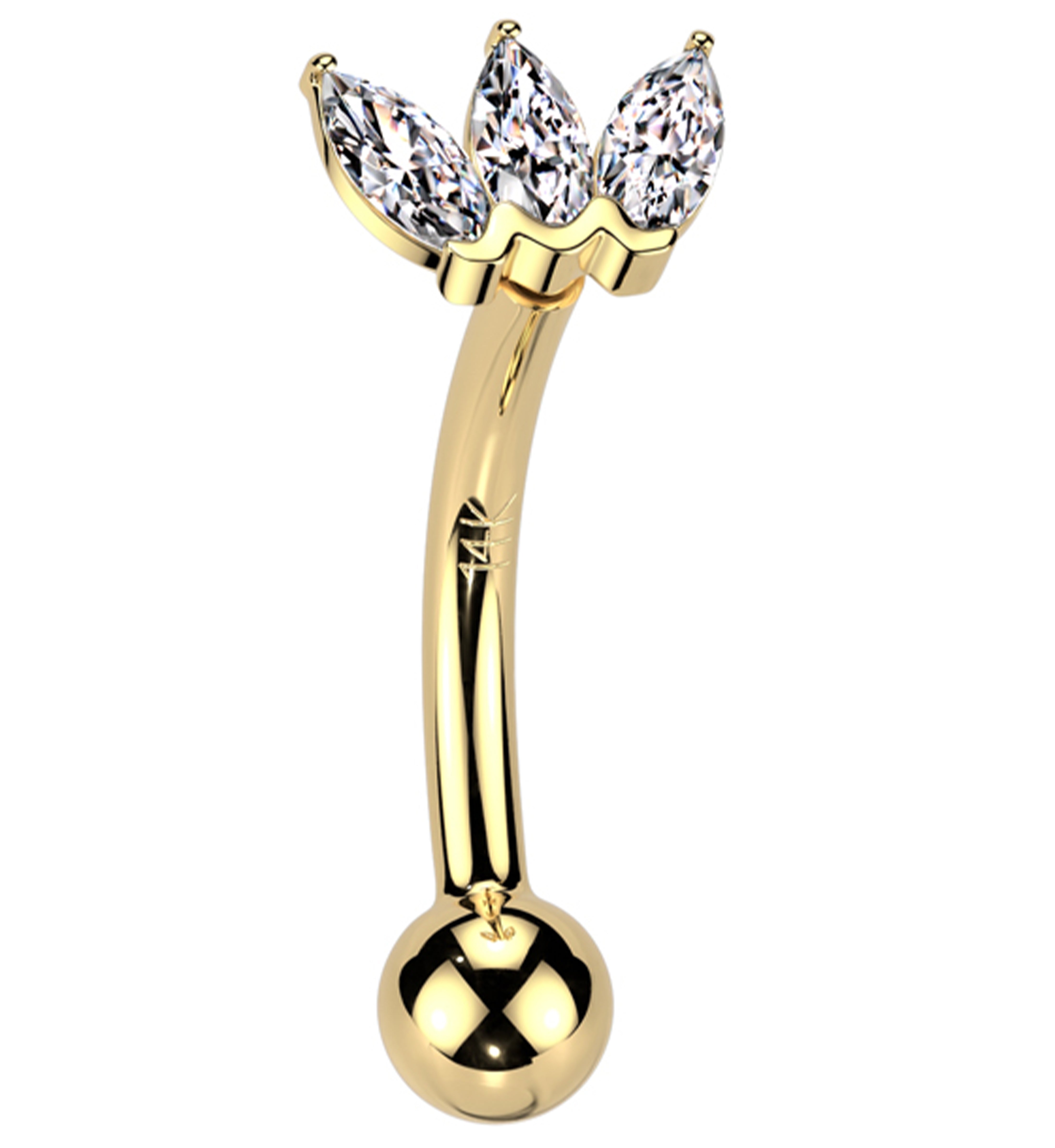 14kt Gold Triple Marquise Clear CZ Threadless Curved Barbell
