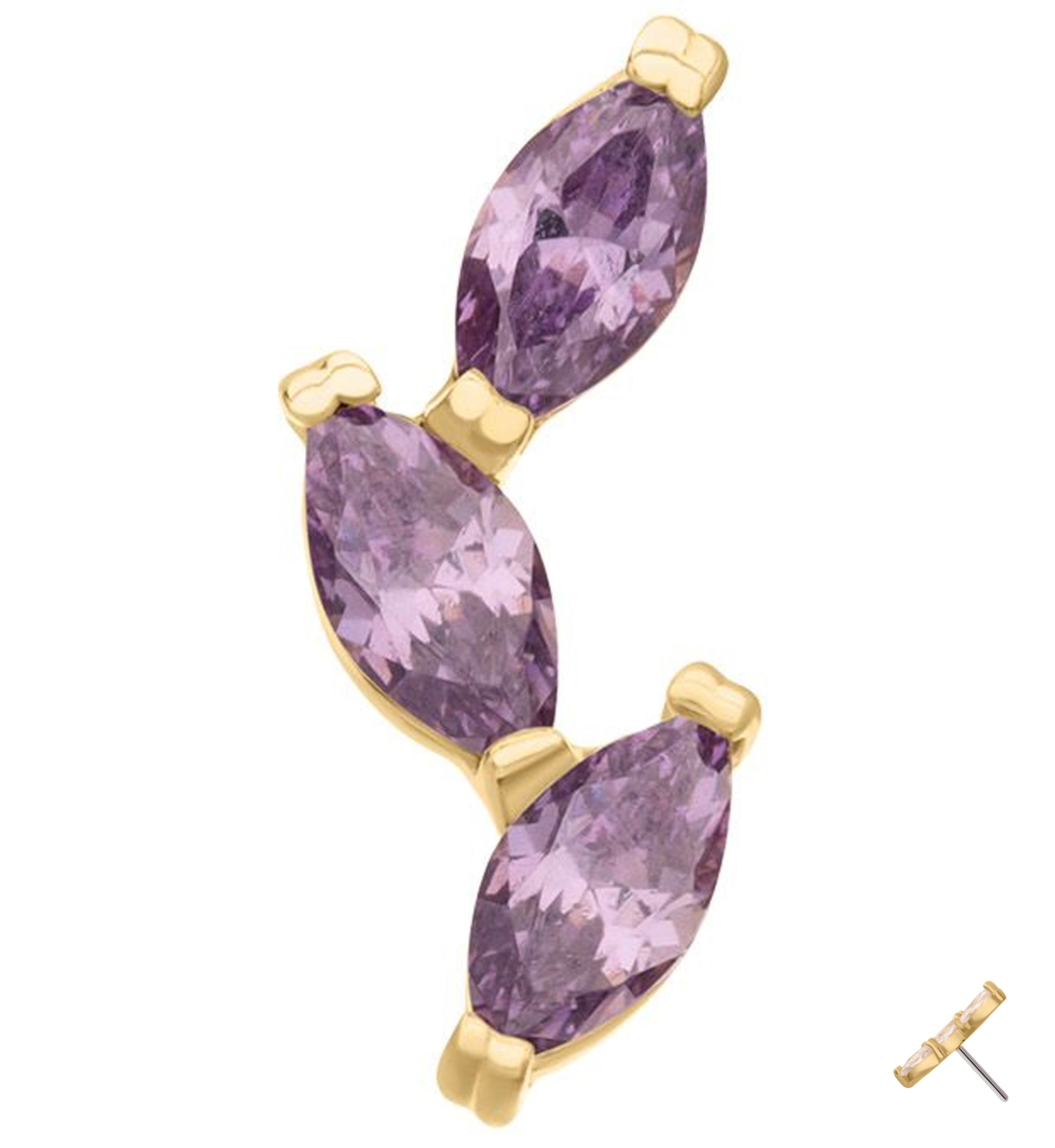 14kt Gold Triple Marquise Vine Amethyst CZ Threadless Top