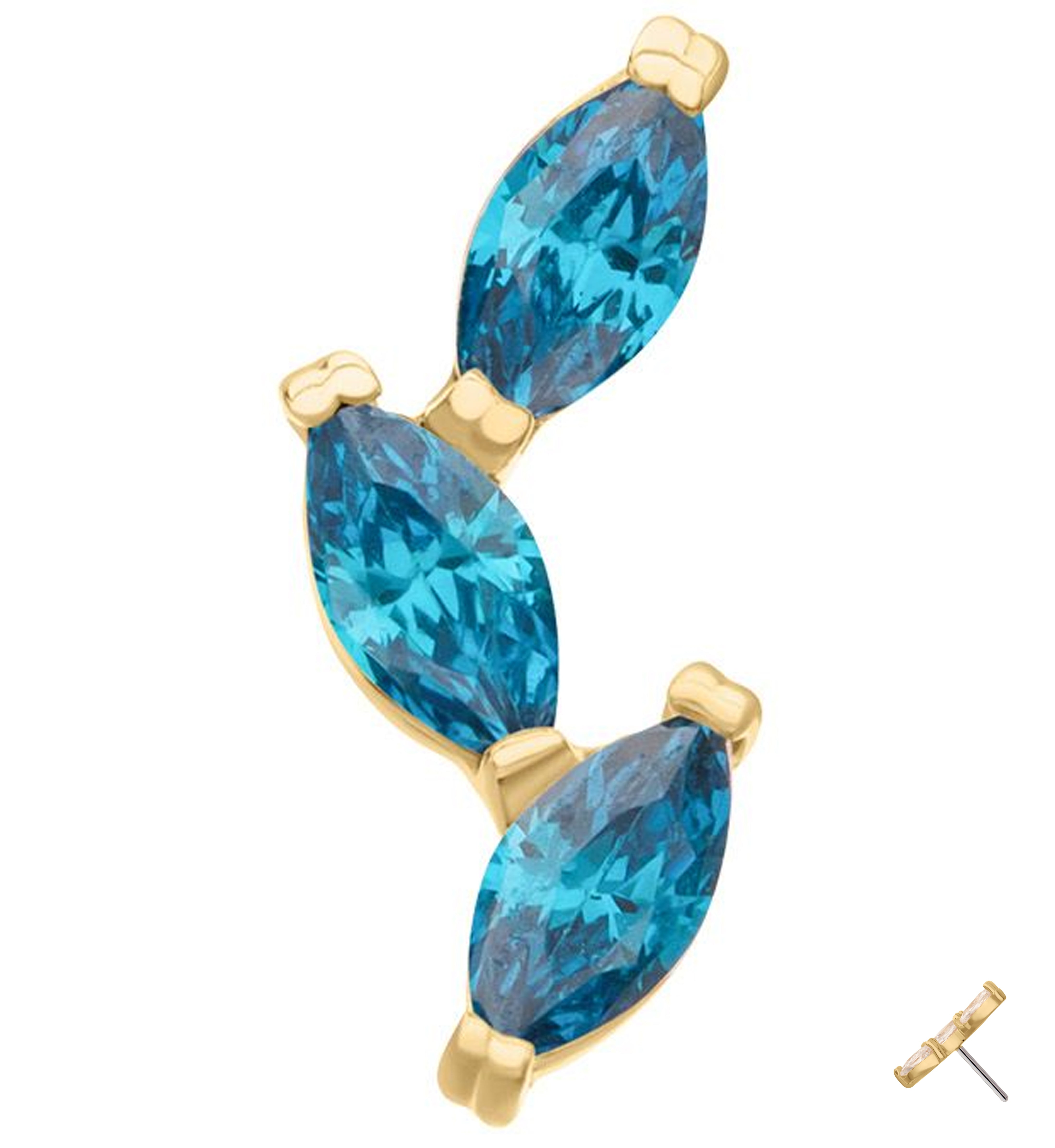 14kt Gold Triple Marquise Vine Blue Topaz CZ Threadless Top
