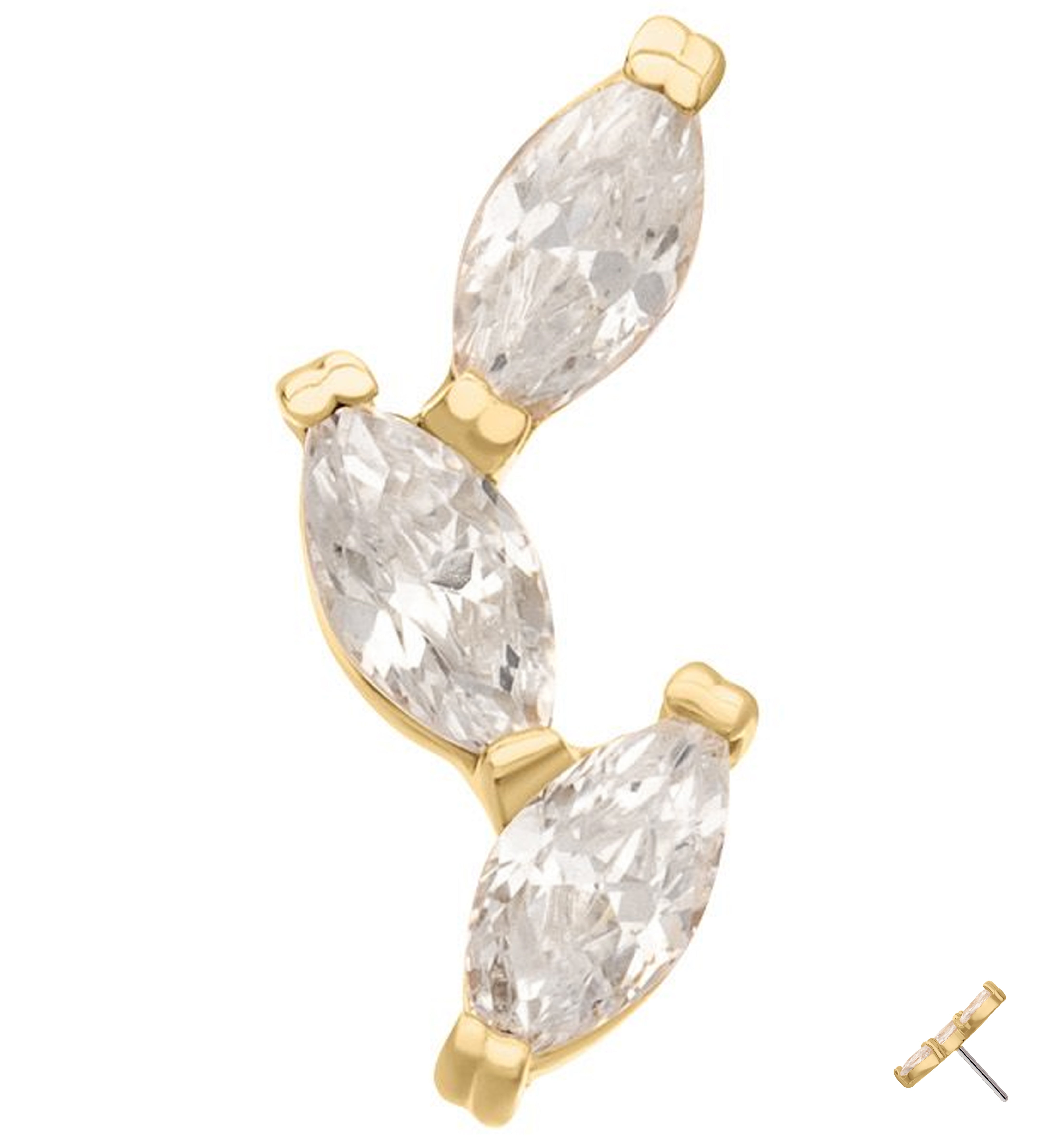 14kt Gold Triple Marquise Vine Clear CZ Threadless Top