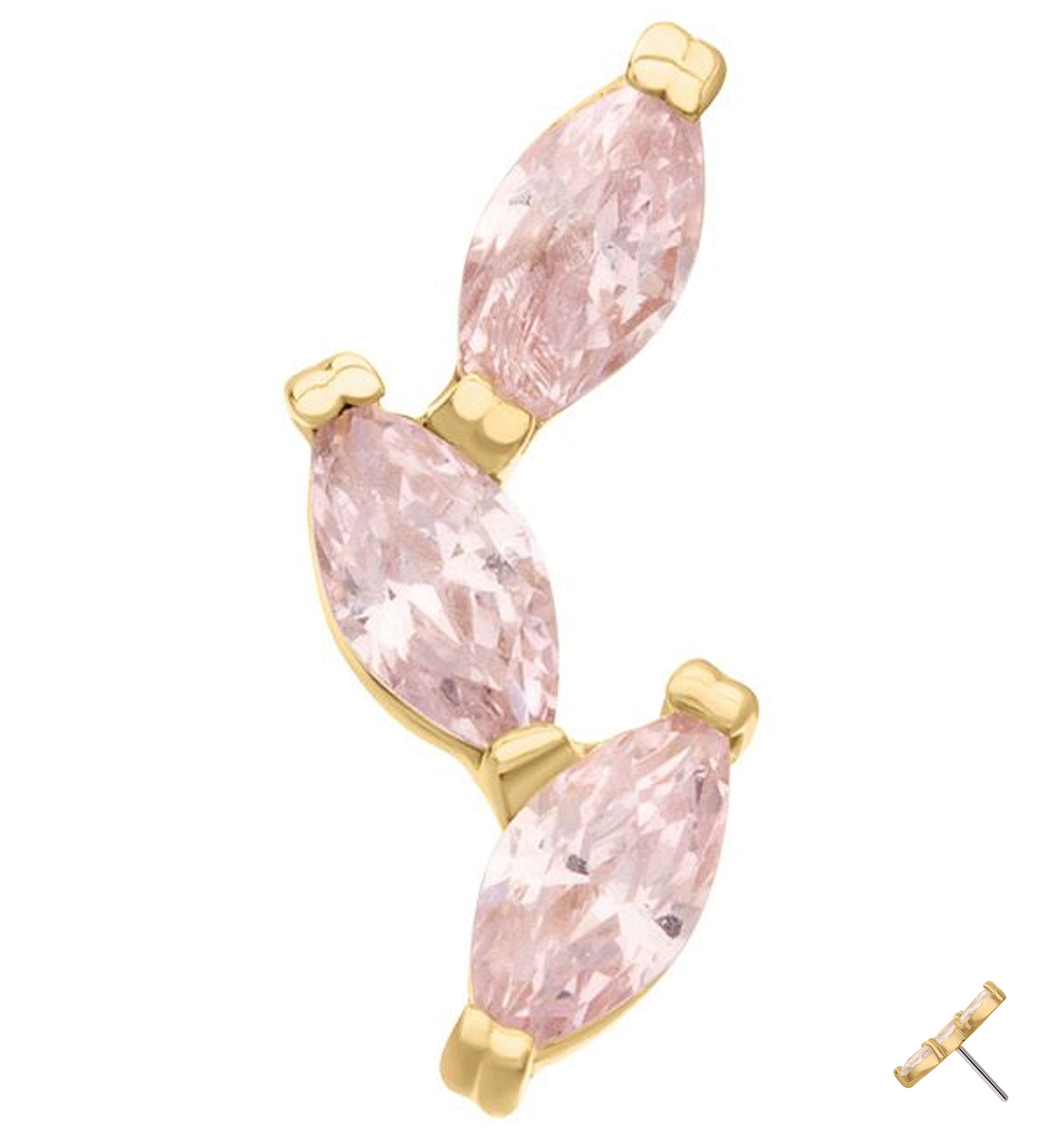 14kt Gold Triple Marquise Vine Light Pink CZ Threadless Top