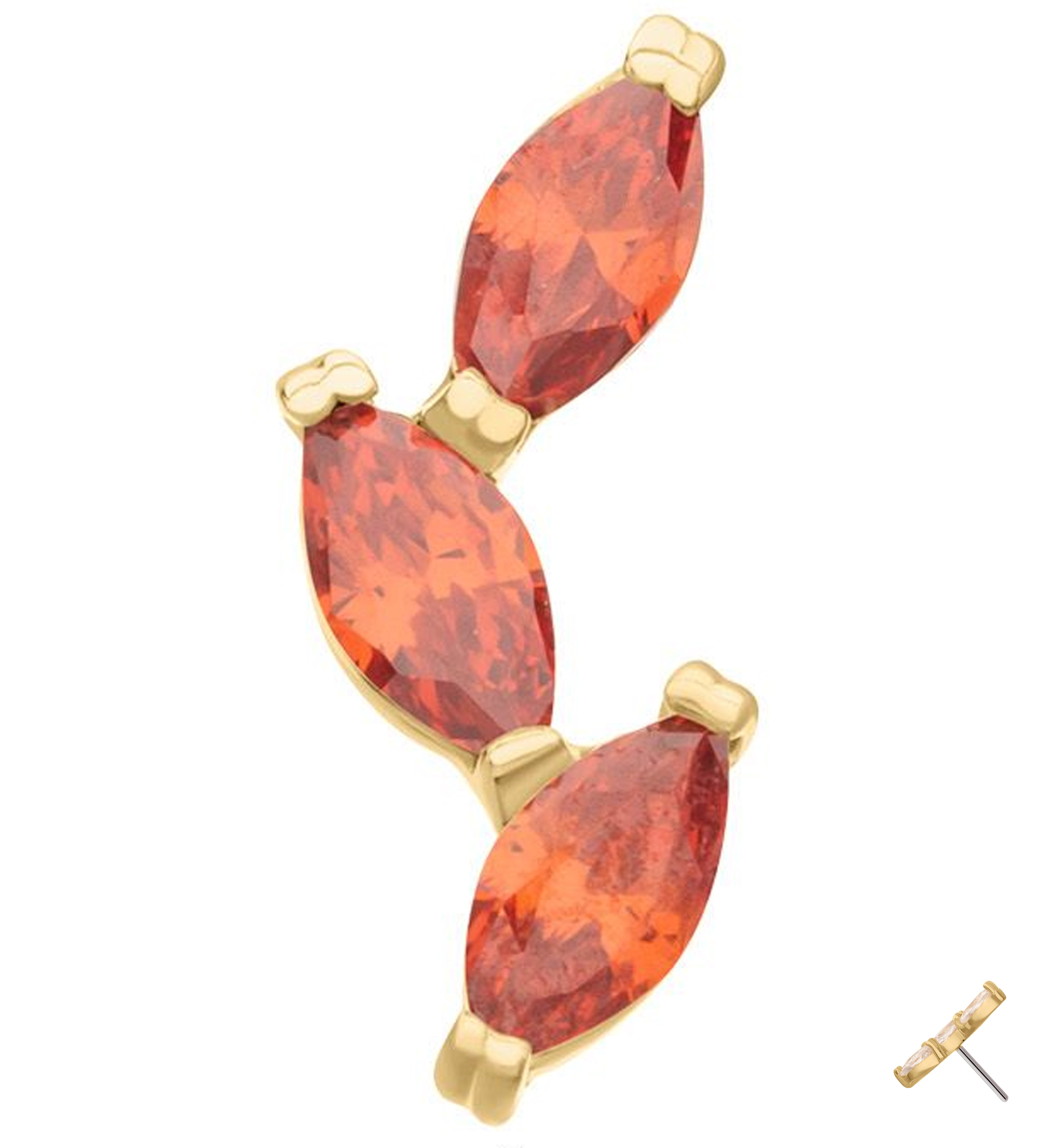 14kt Gold Triple Marquise Vine Red CZ Threadless Top