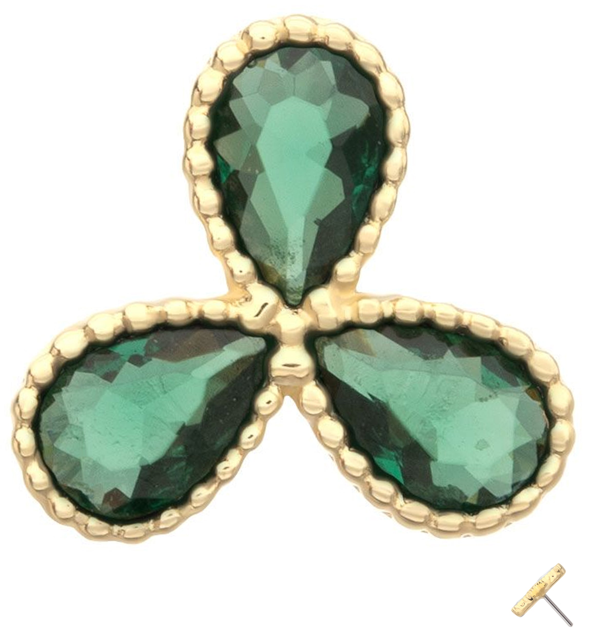 14kt Gold Triple Milgrain Teardrop Emerald CZ Threadless Top