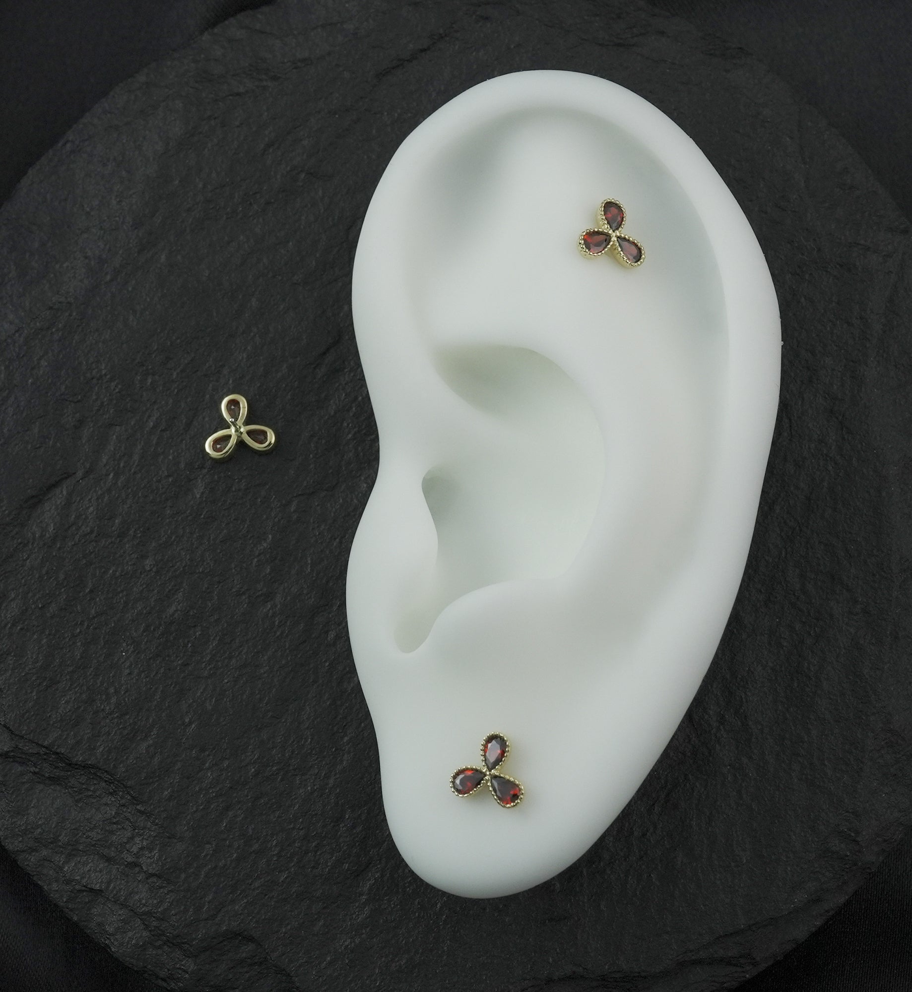 14kt Gold Triple Milgrain Teardrop Ruby CZ Threadless Top