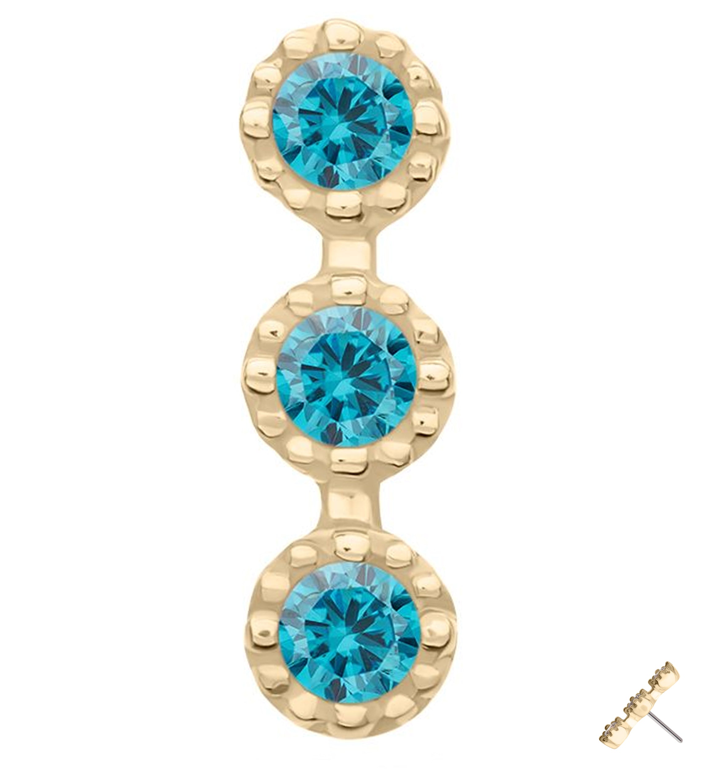 14kt Gold Triple Stacked Beaded Blue Topaz CZ Threadless Top