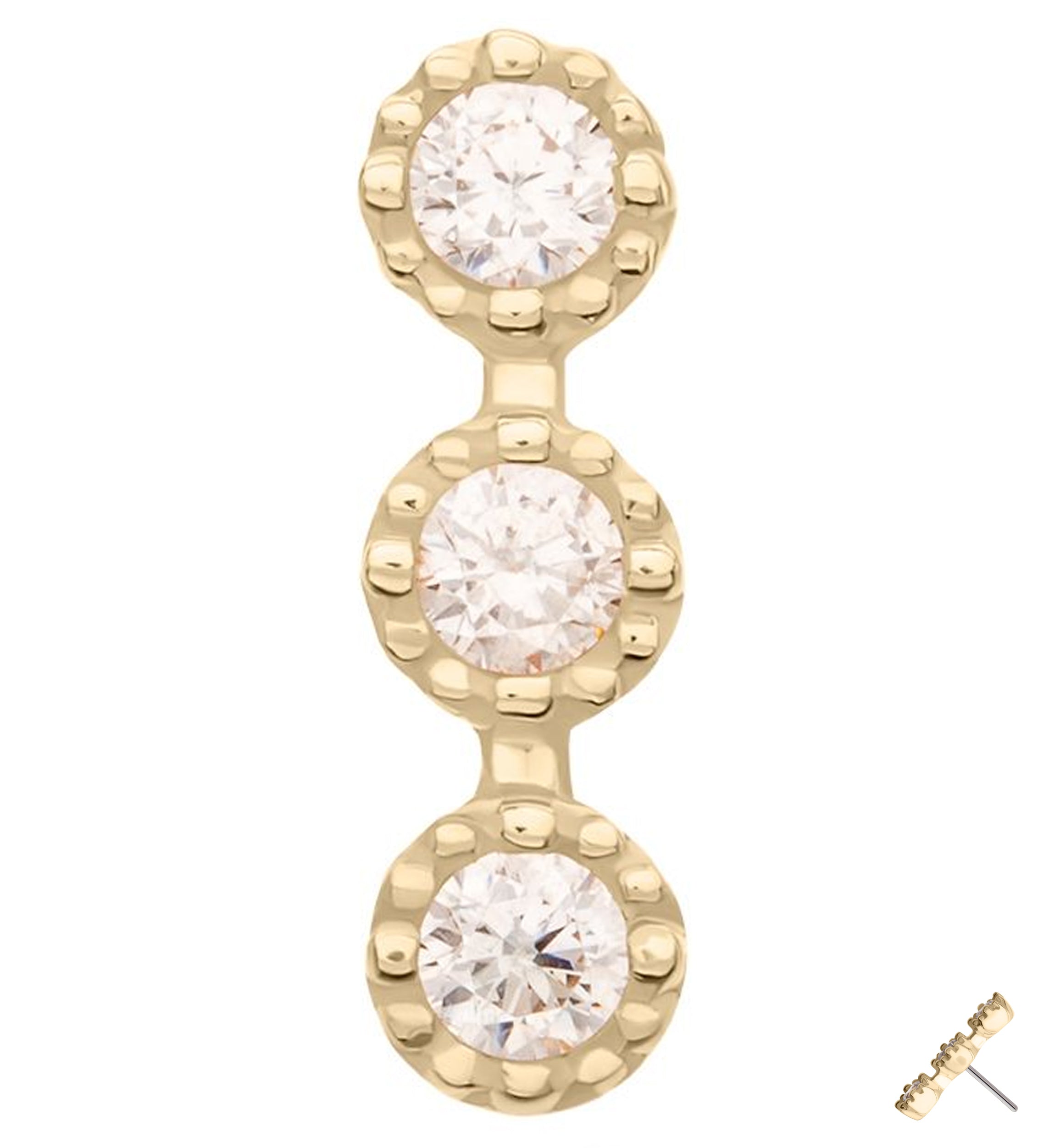 14kt Gold Triple Stacked Beaded Clear CZ Threadless Top