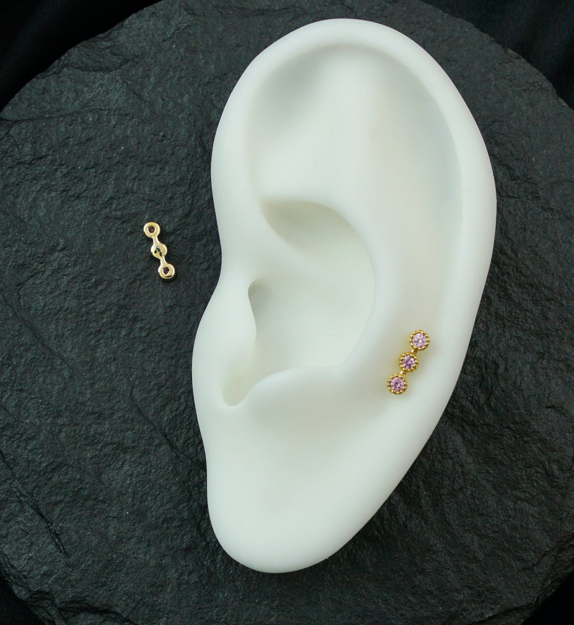 14kt Gold Triple Stacked Beaded Pink CZ Threadless Top