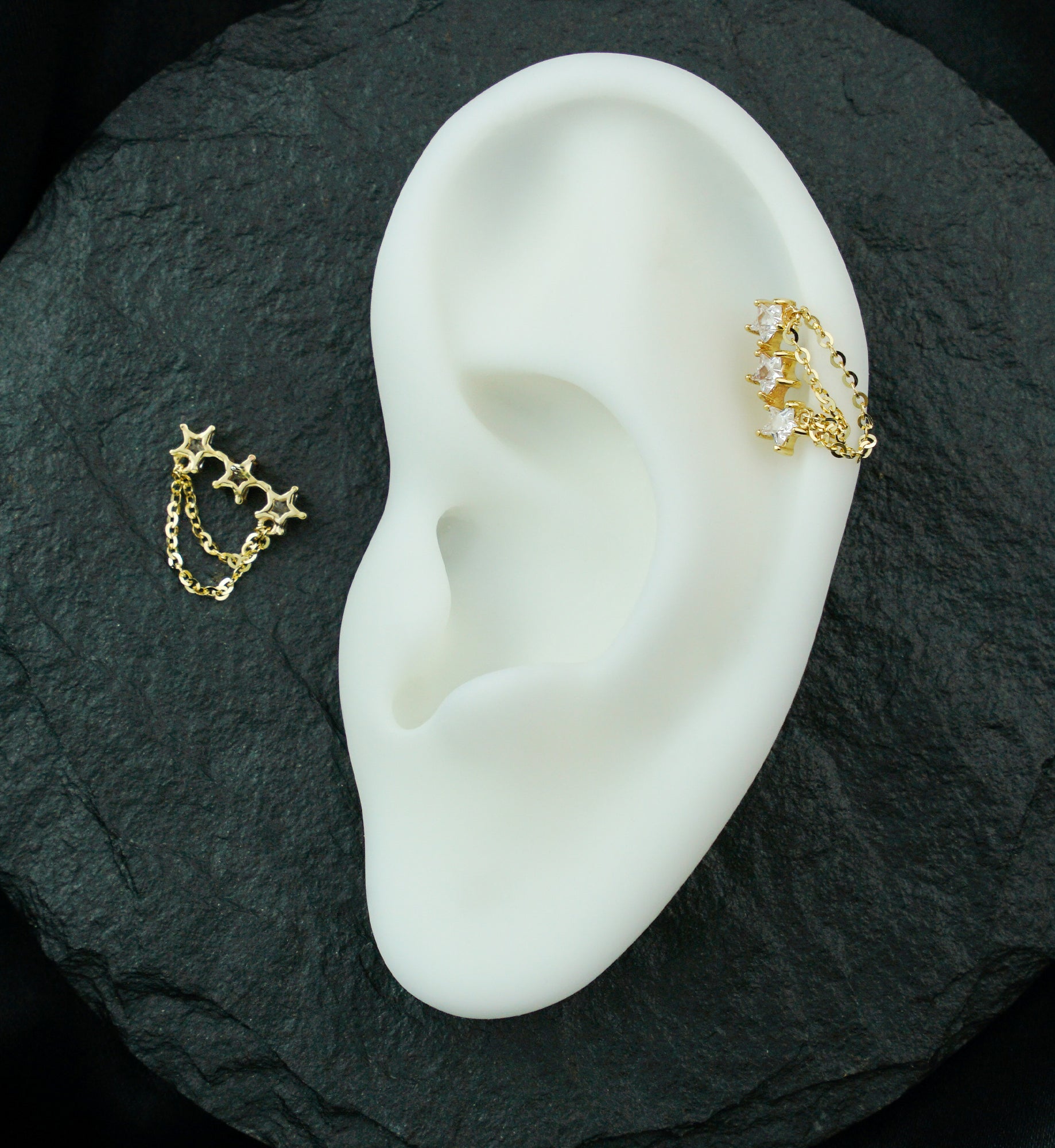 14kt Gold Triple Star Clear CZ Dual Dangle Chain Threadless Top