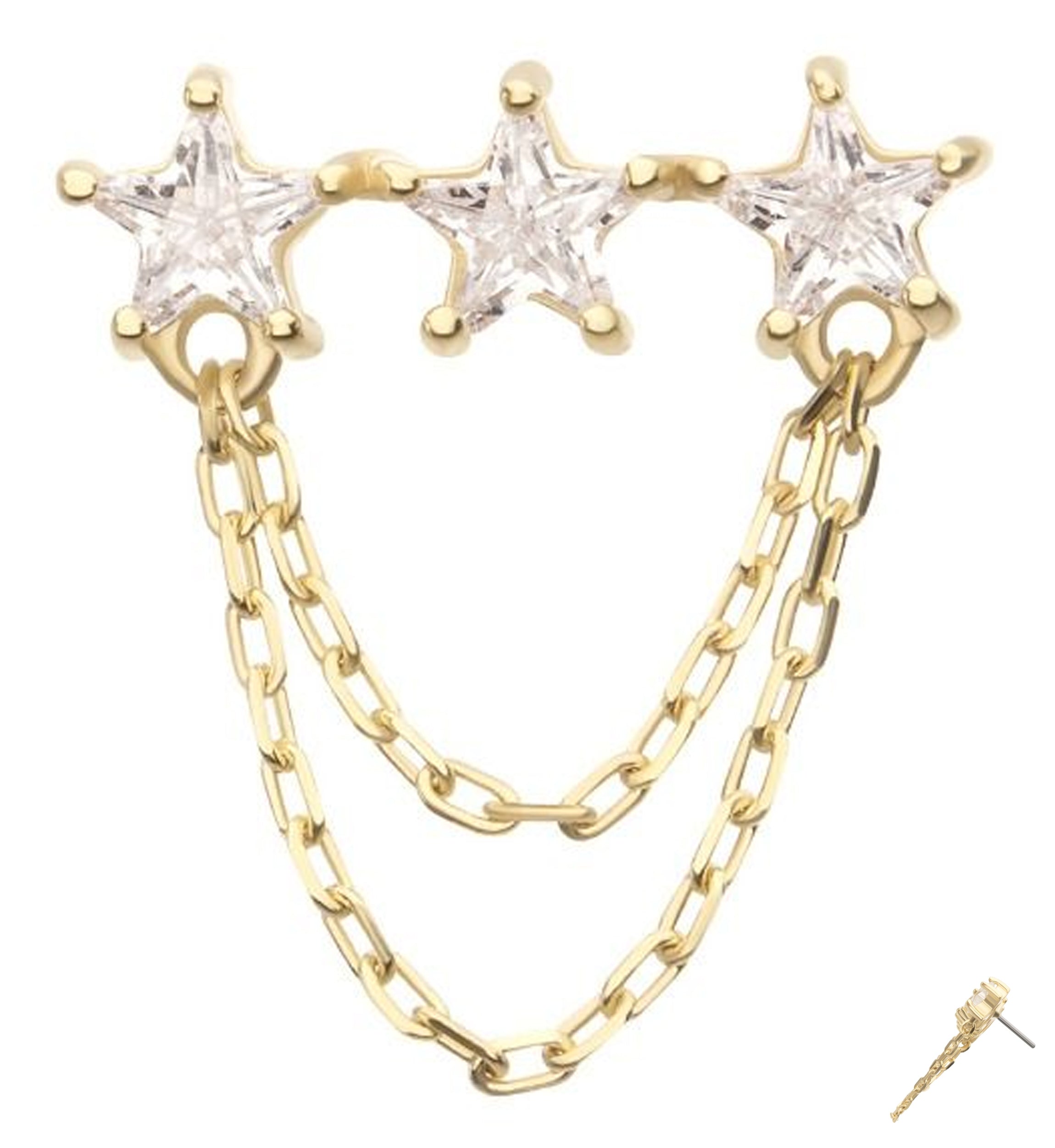 14kt Gold Triple Star Clear CZ Dual Dangle Chain Threadless Top
