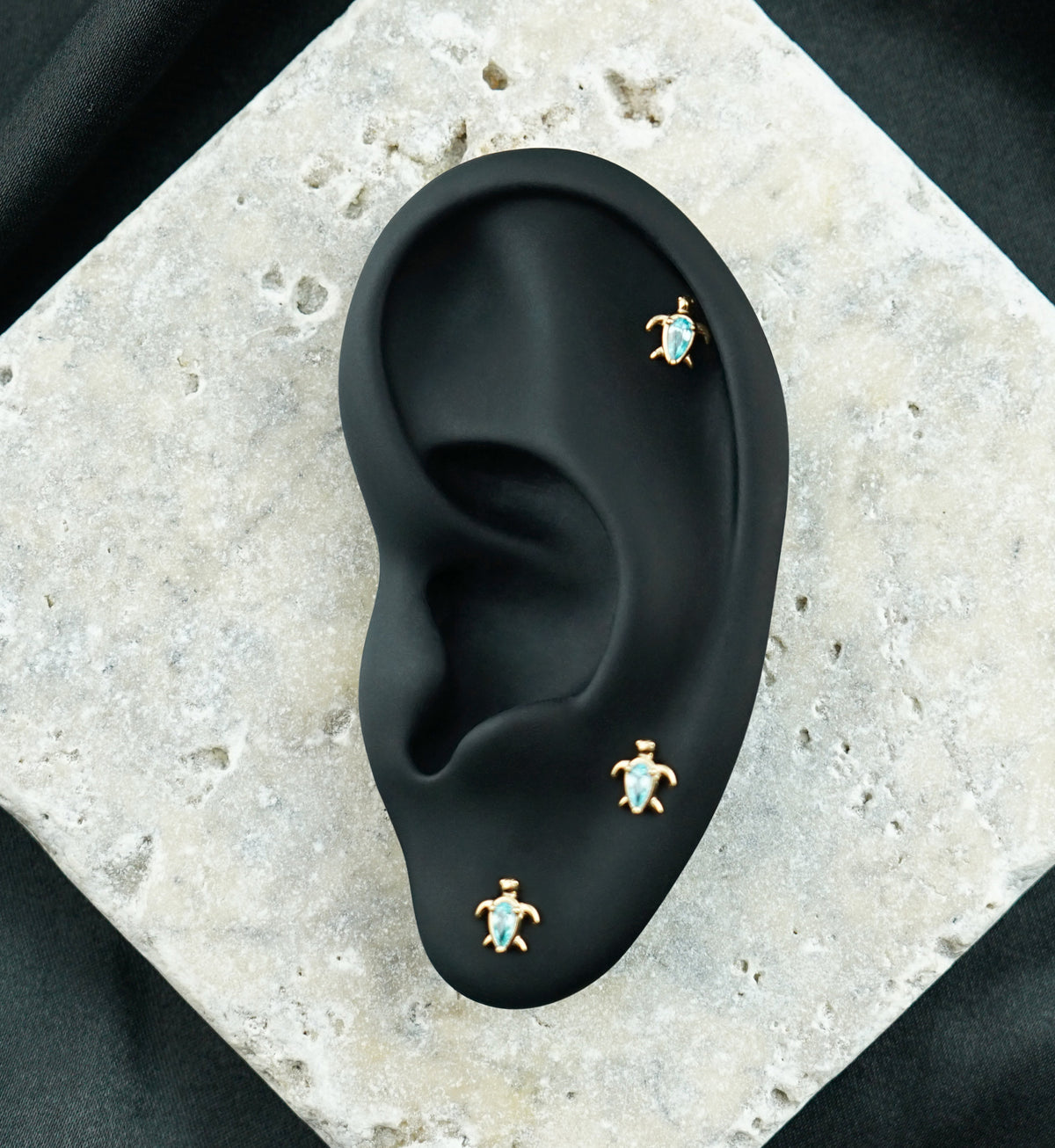 14kt Gold Turtle Teardrop Aqua CZ Threadless Top