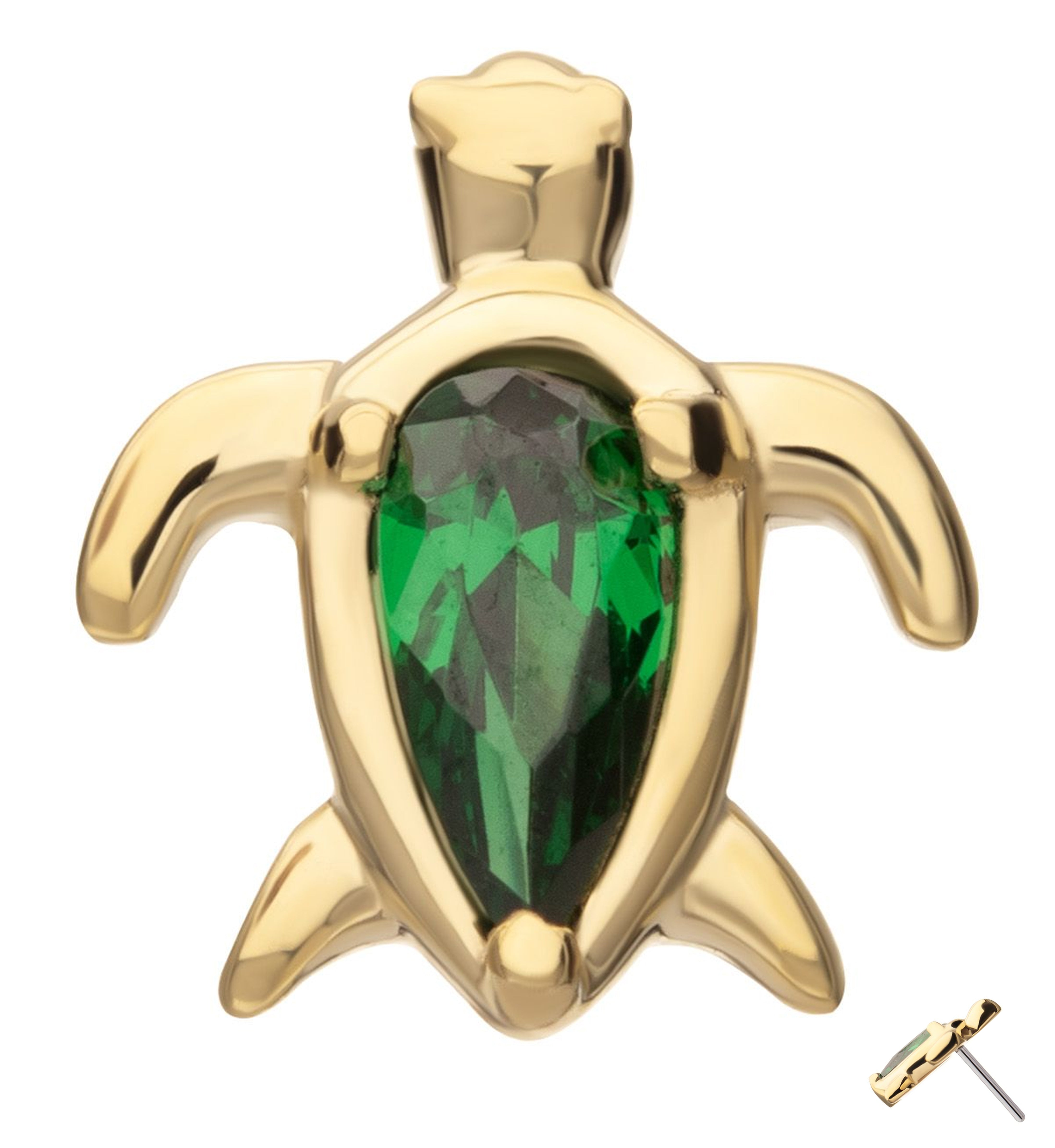 14kt Gold Turtle Teardrop Emerald CZ Threadless Top