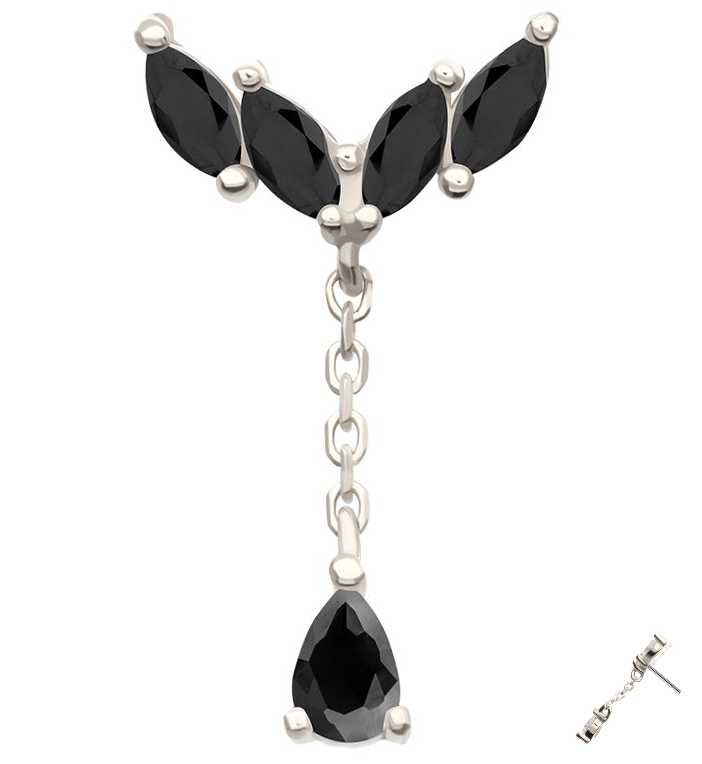 14kt White Gold Arrow Marquise Black CZ Dangle Threadless Top