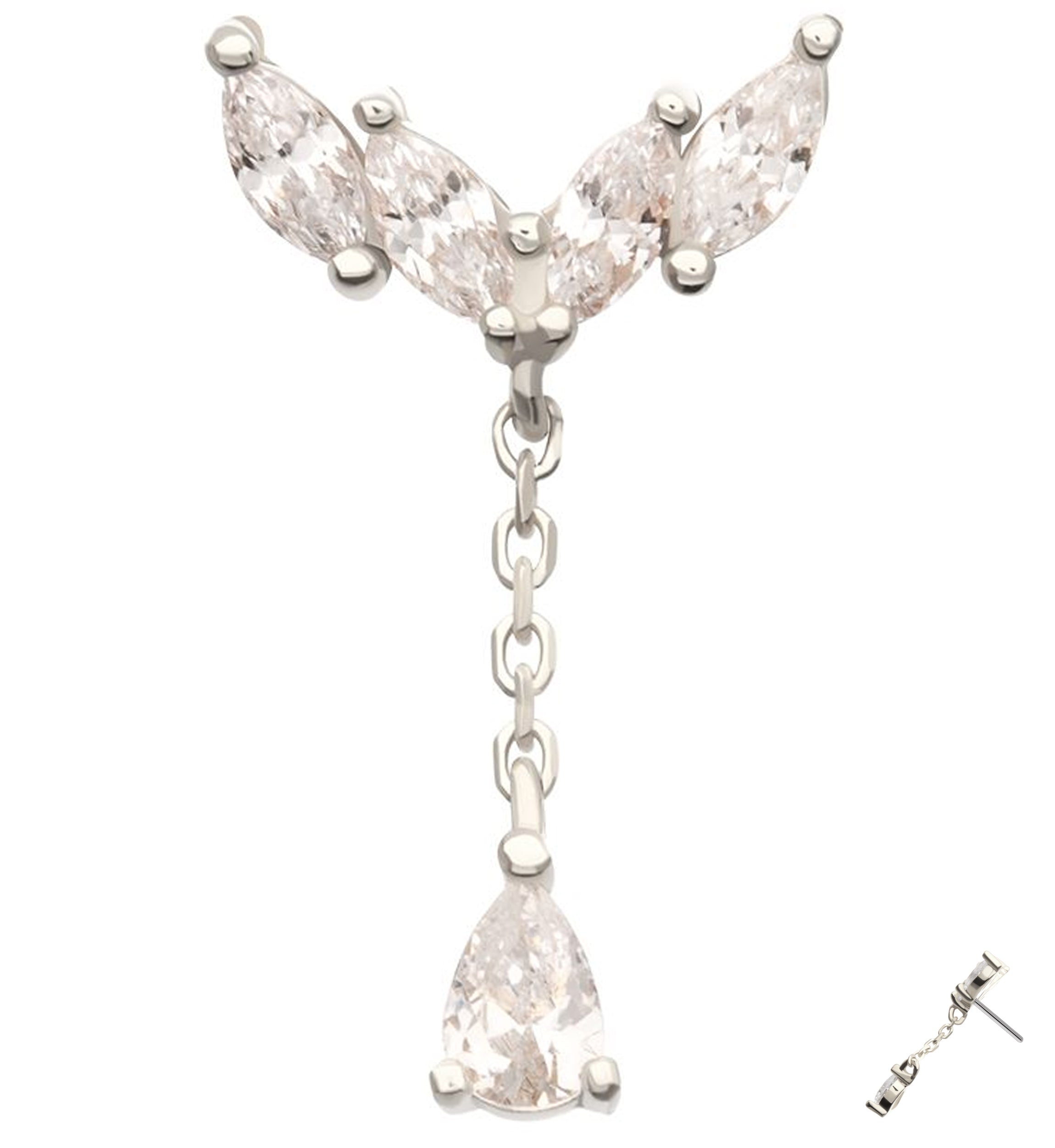 14kt White Gold Arrow Marquise Clear CZ Dangle Threadless Top