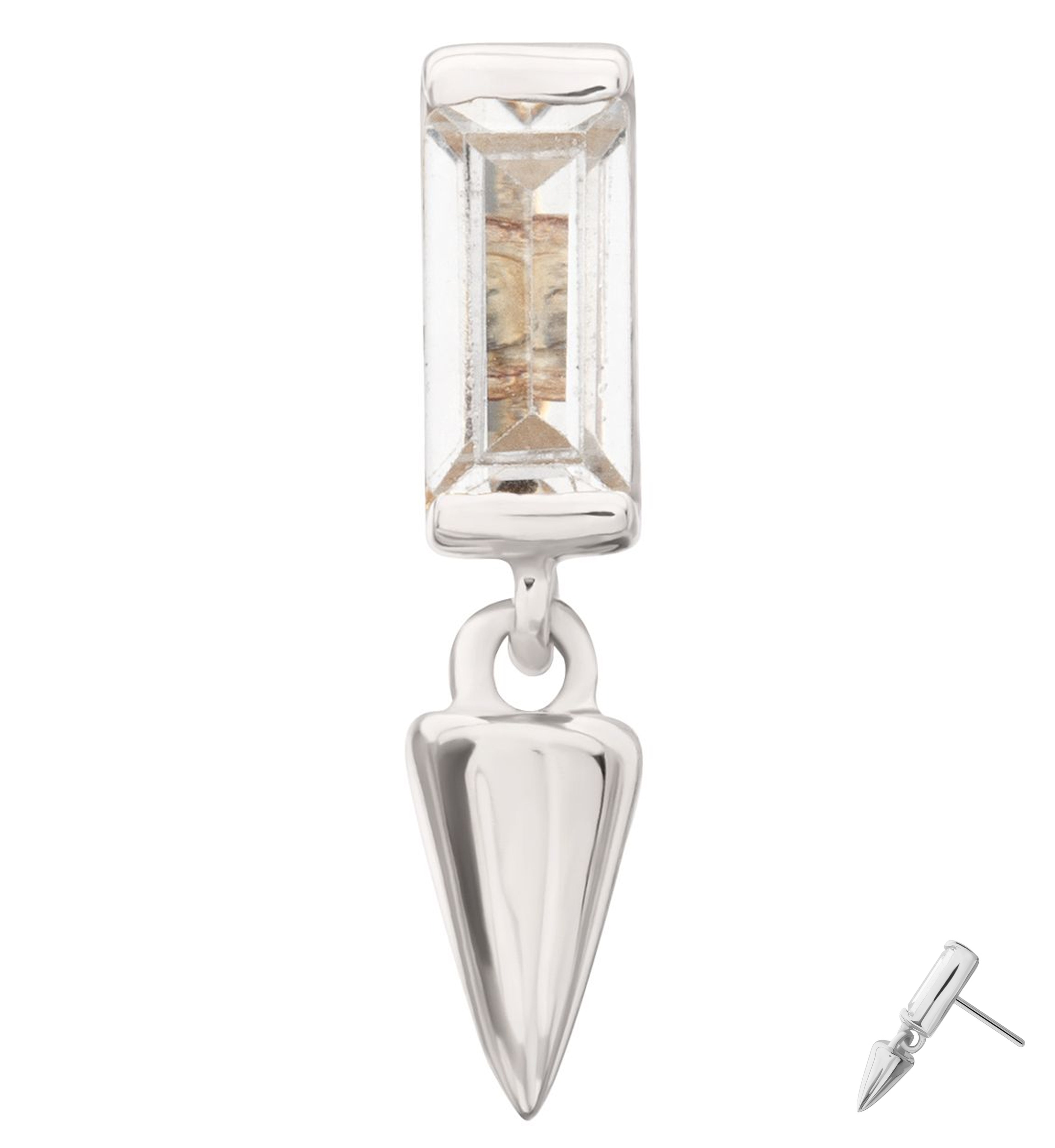 14kt White Gold Baguette Clear CZ Dangle Cone Threadless Top