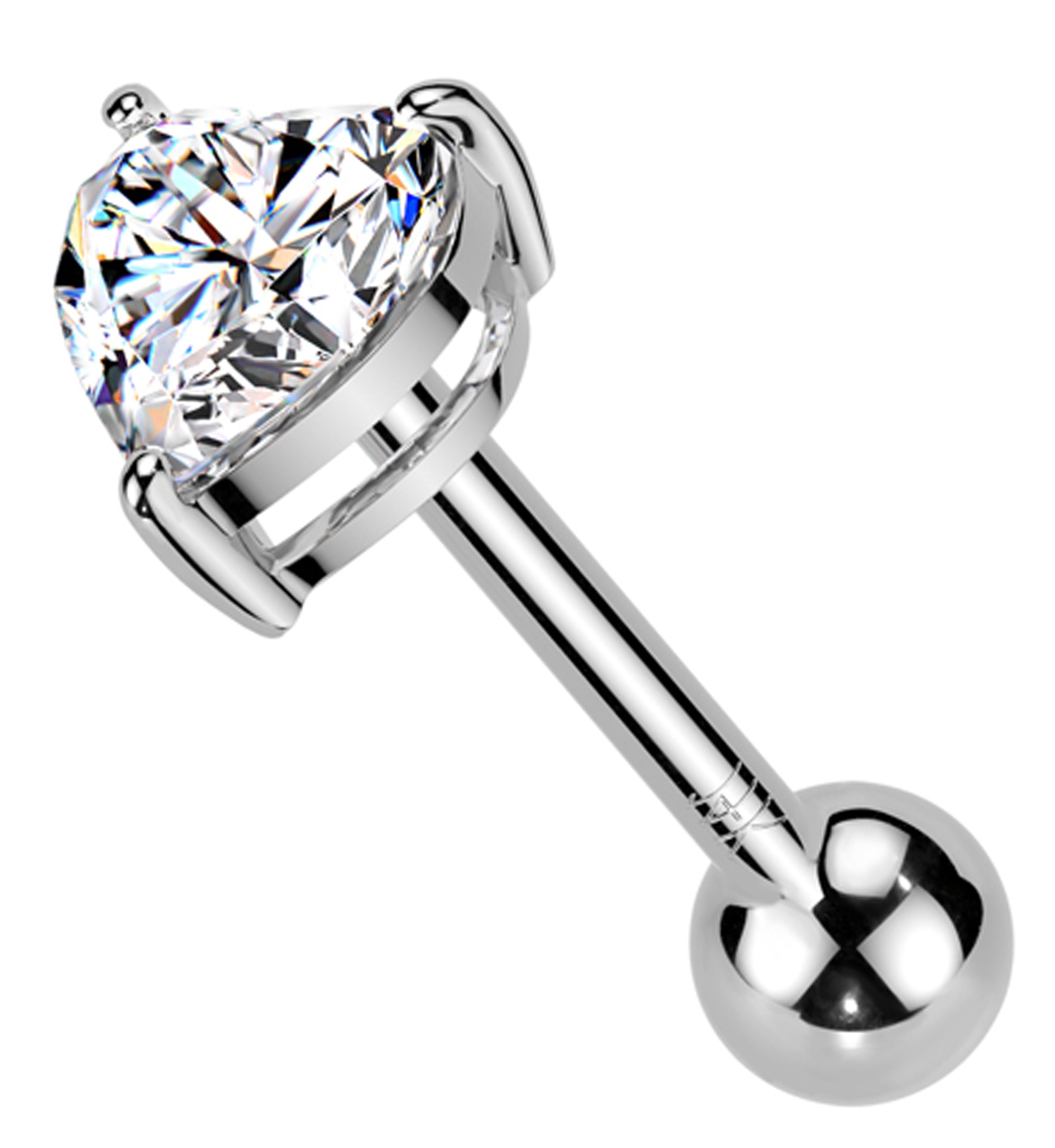14kt White Gold Heart Clear CZ Threadless Cartilage Barbell