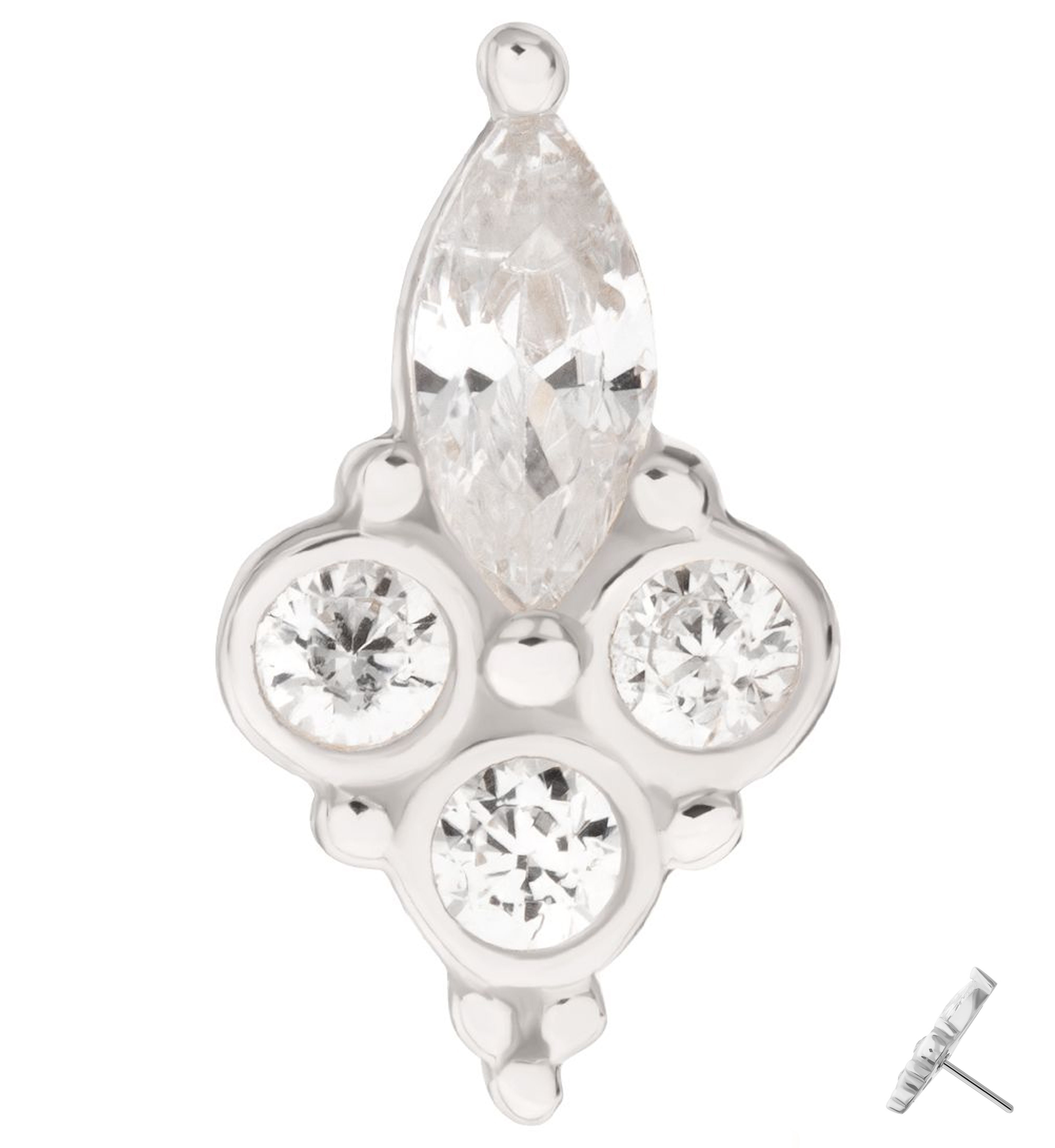 14kt White Gold Marquise Trinity Clear CZ Threadless Top