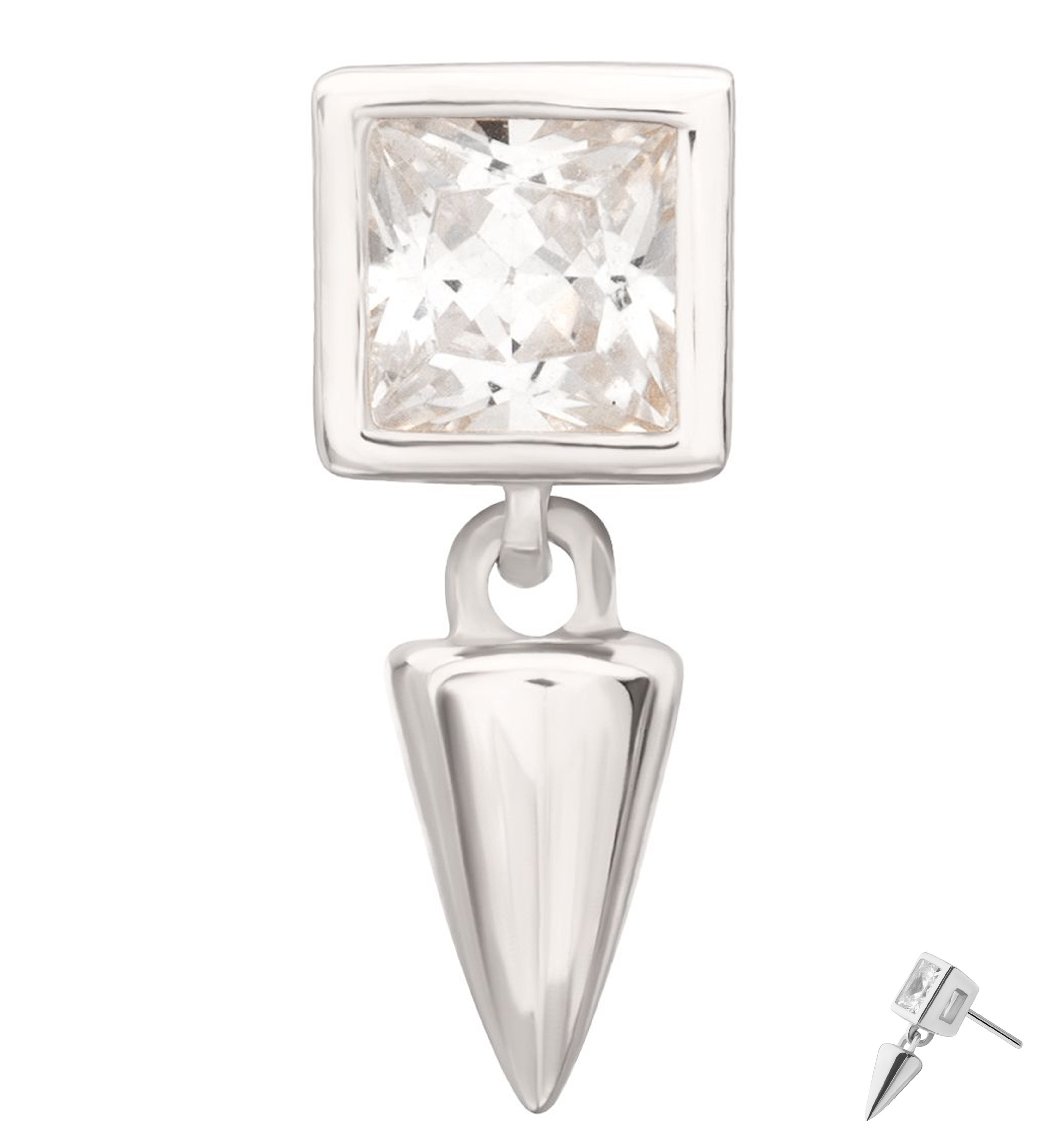 14kt White Gold Square Clear CZ Dangle Cone Threadless Top
