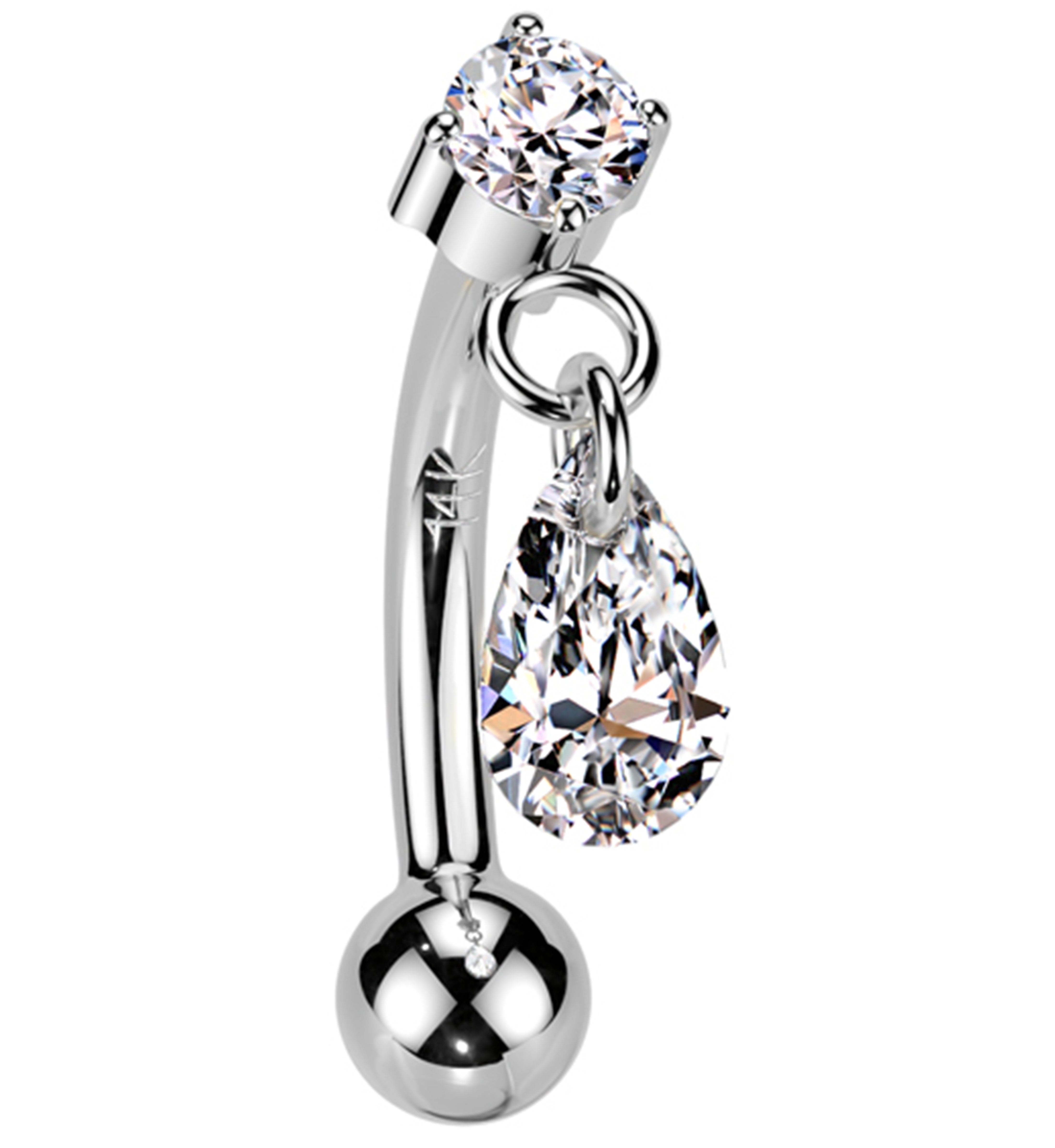 14kt White Gold Teardrop Dangle Clear CZ Threadless Curved Barbell