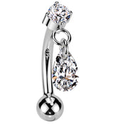 14kt White Gold Teardrop Dangle Clear CZ Threadless Curved Barbell