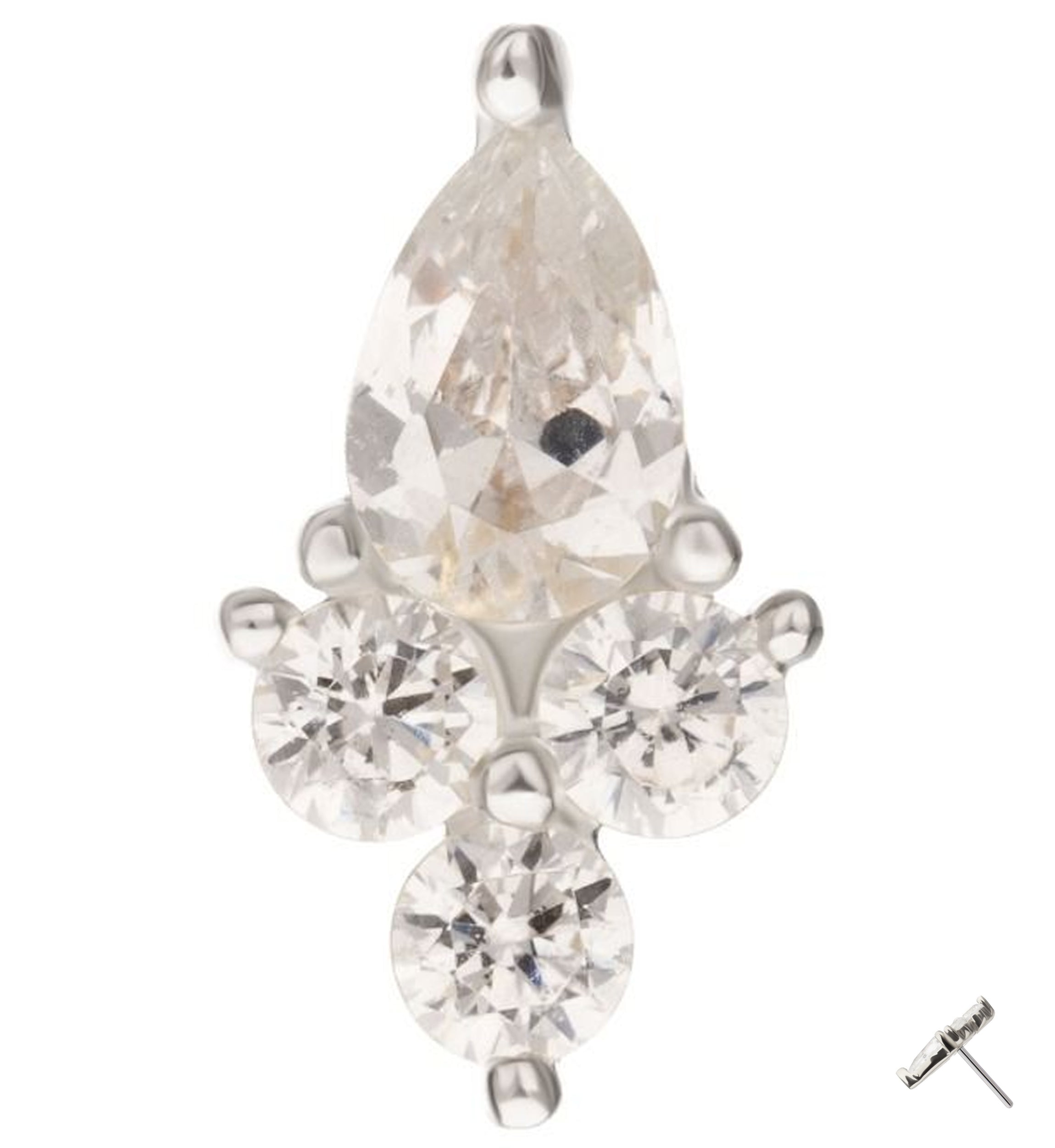 14kt White Gold Teardrop Trinity Bottom Clear CZ Threadless Top