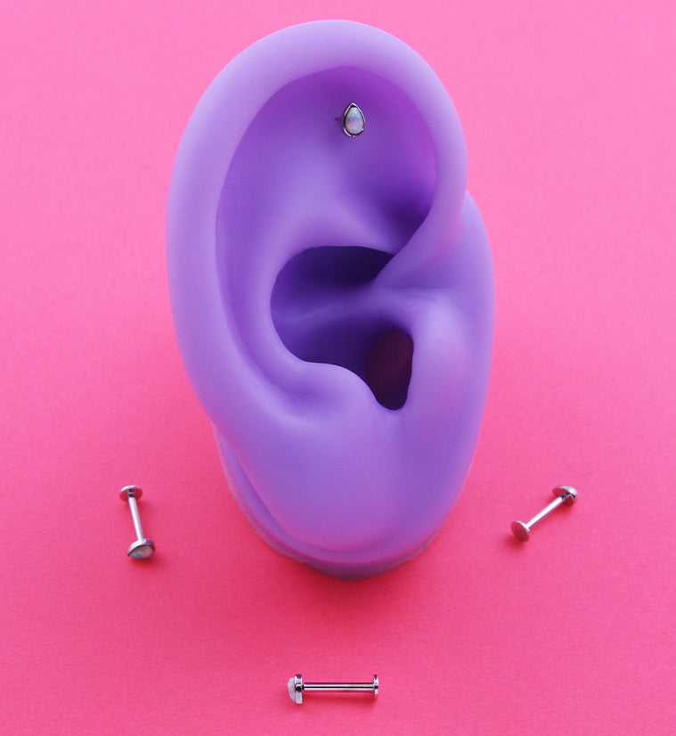 14kt White Gold Teardrop White Opalite Threadless Labret