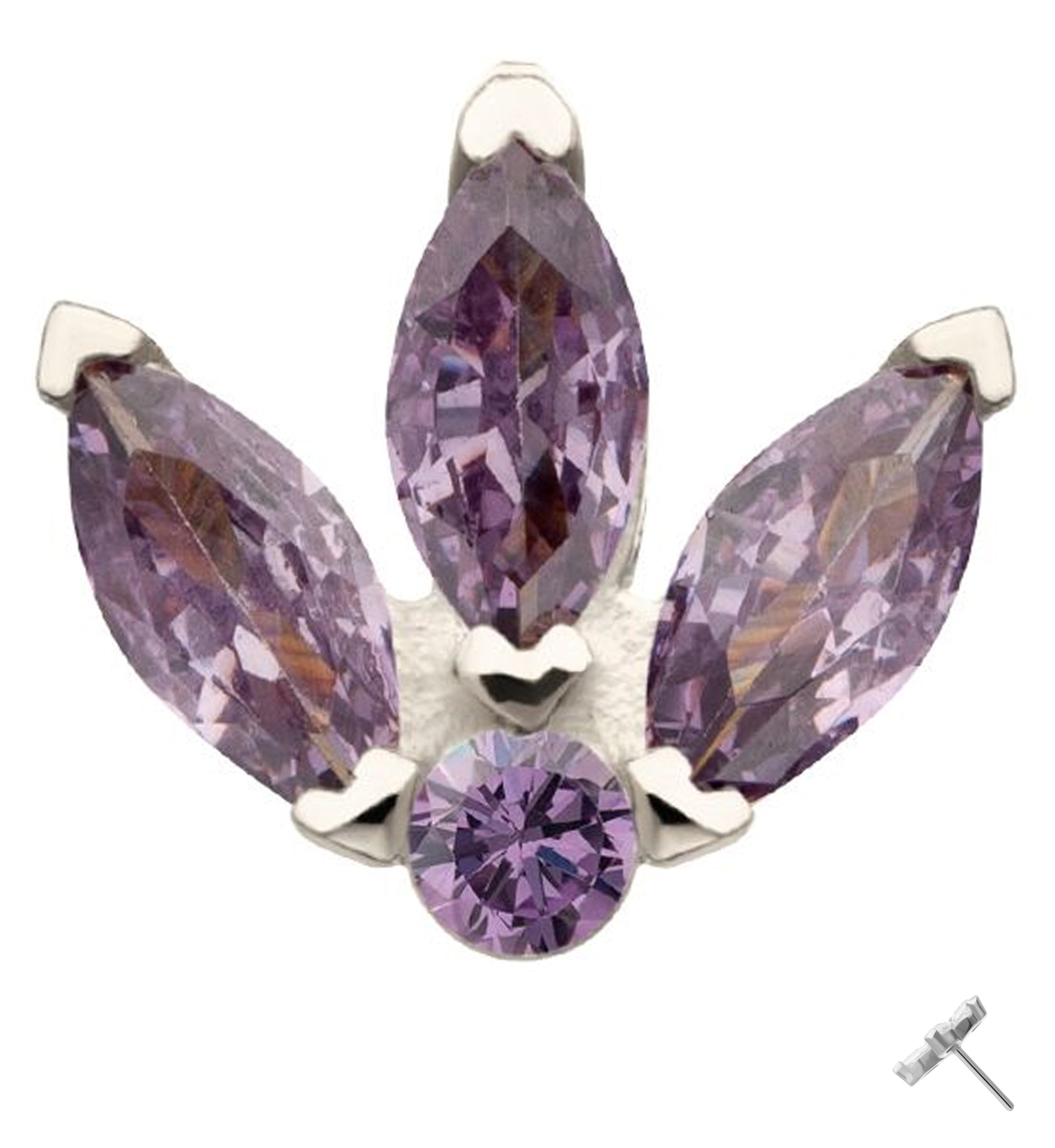 14kt White Gold Tri Sepal Amethyst CZ Threadless Top
