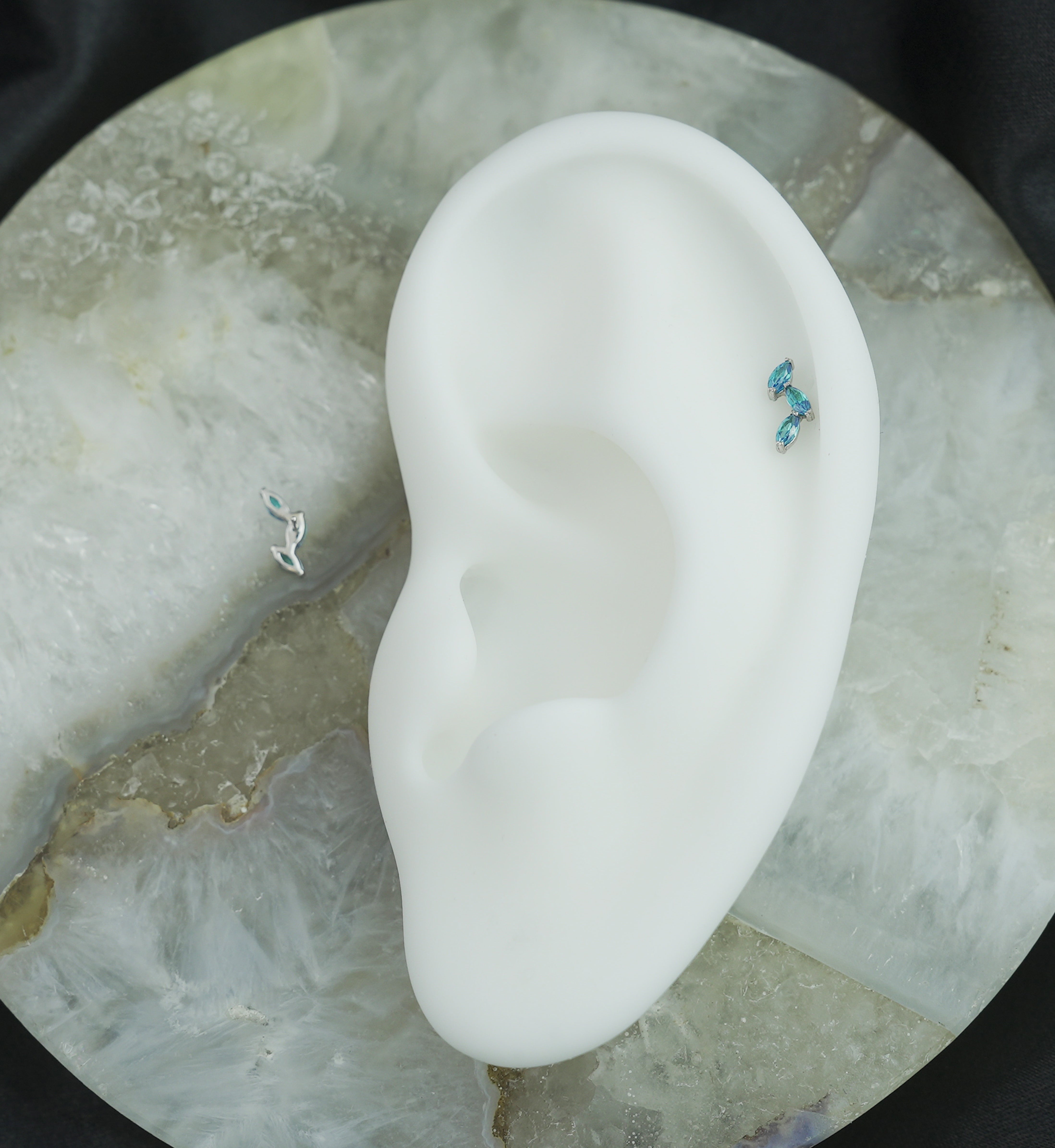 14kt White Gold Triple Marquise Vine Blue Topaz CZ Threadless Top